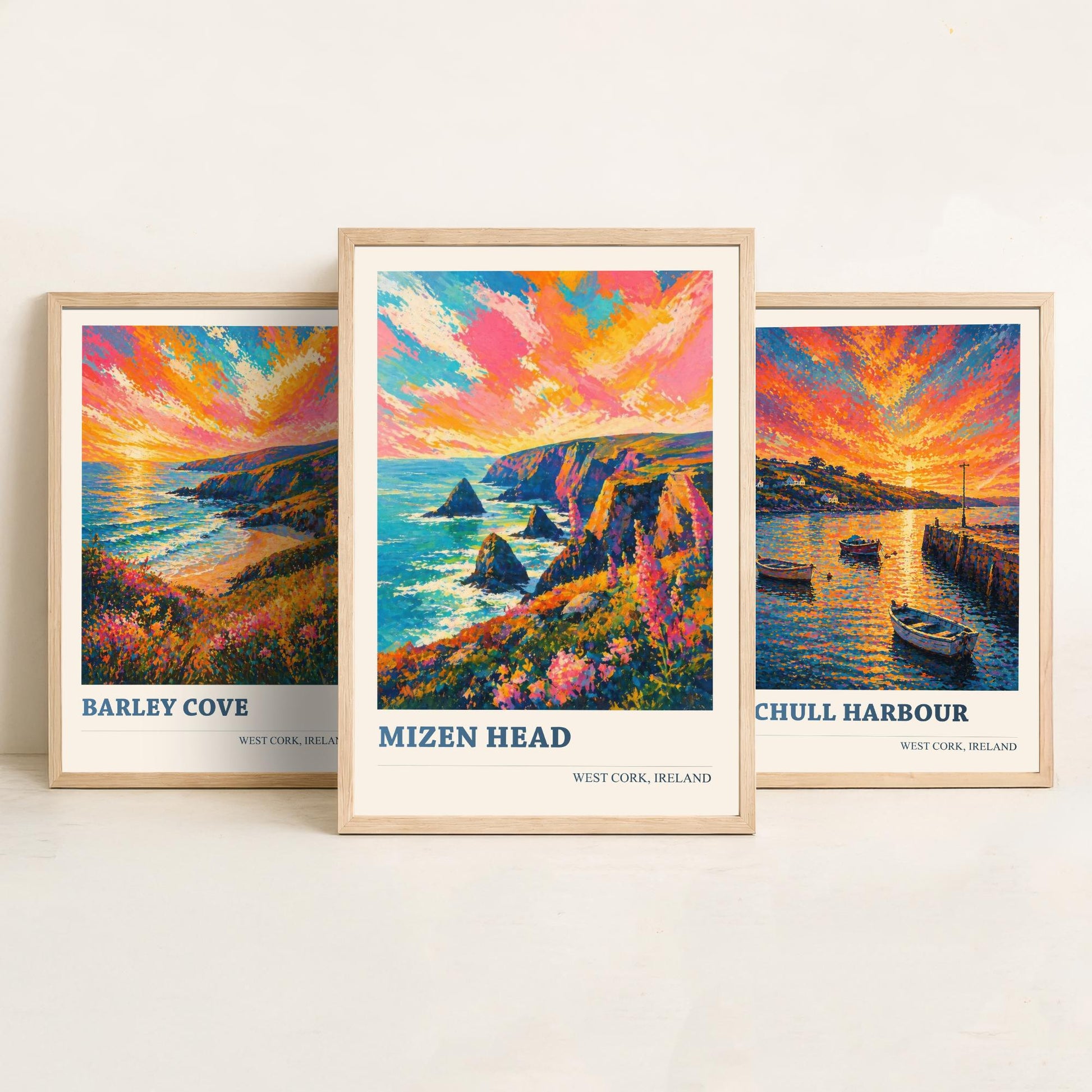 West Cork Ireland Set of Three Art Prints | Barley Cove Schull Harbour Mizen Head Painting Poster