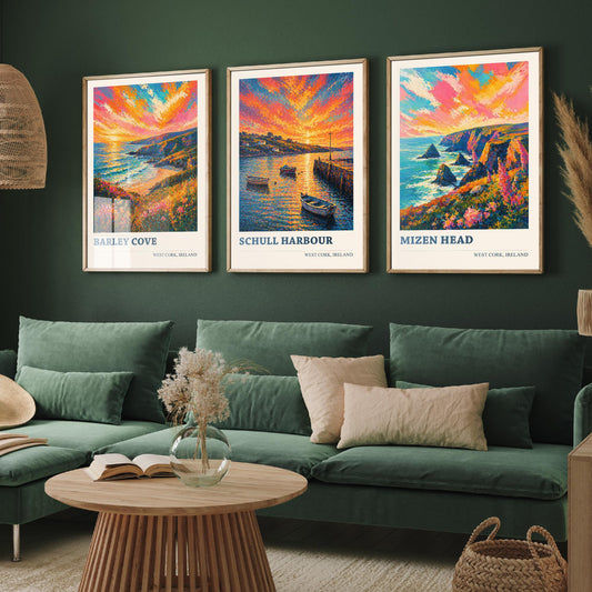 West Cork Ireland Set of Three Art Prints | Barley Cove Schull Harbour Mizen Head Painting Poster