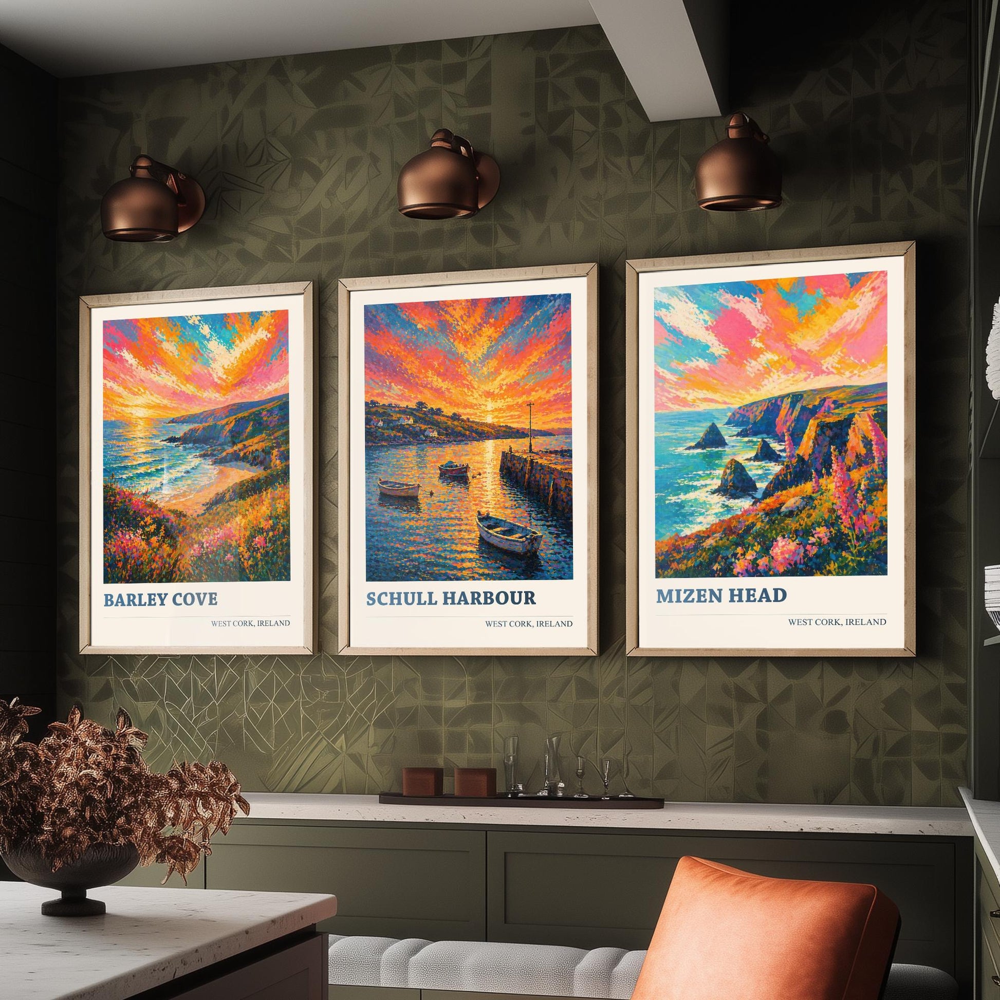 West Cork Ireland Set of Three Art Prints | Barley Cove Schull Harbour Mizen Head Painting Poster