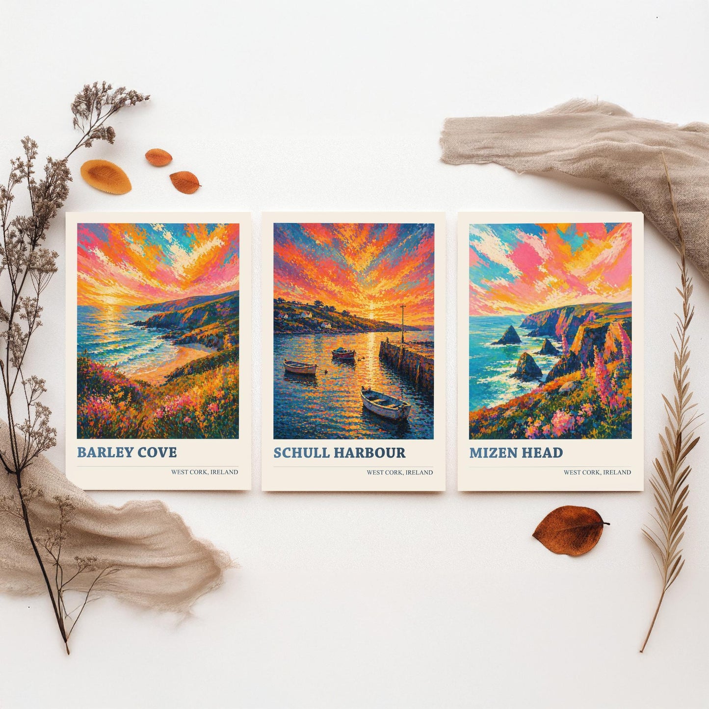 West Cork Ireland Set of Three Art Prints | Barley Cove Schull Harbour Mizen Head Painting Poster