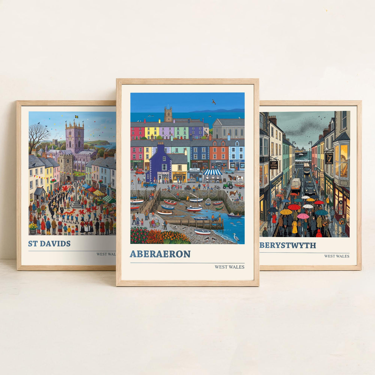 West Wales Set of Three Art Prints - St Davids, Aberystwyth, Aberaeron - 3 Colourful Folk Illustration Travel Posters - Welsh Painting