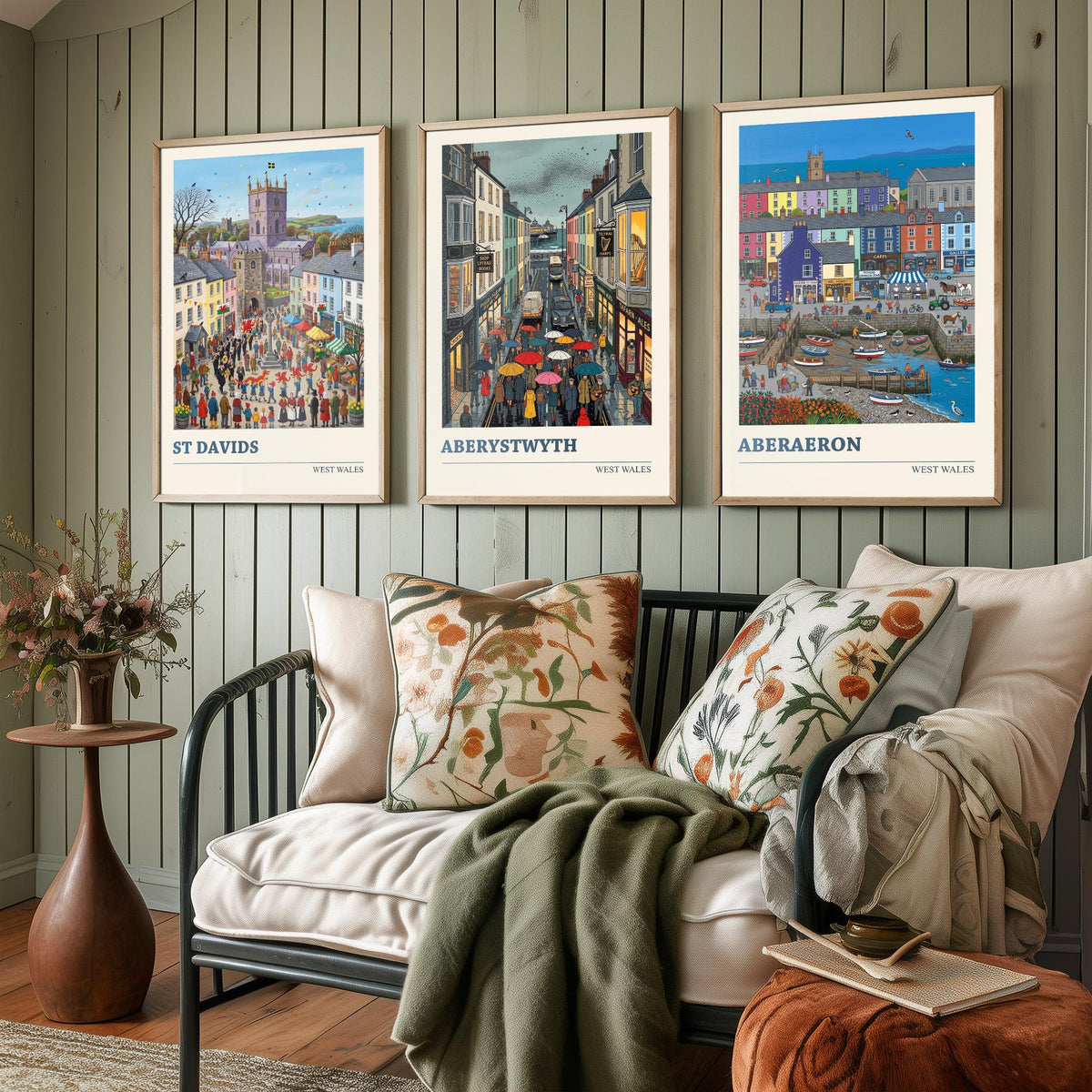 West Wales Set of Three Art Prints - St Davids, Aberystwyth, Aberaeron - 3 Colourful Folk Illustration Travel Posters - Welsh Painting