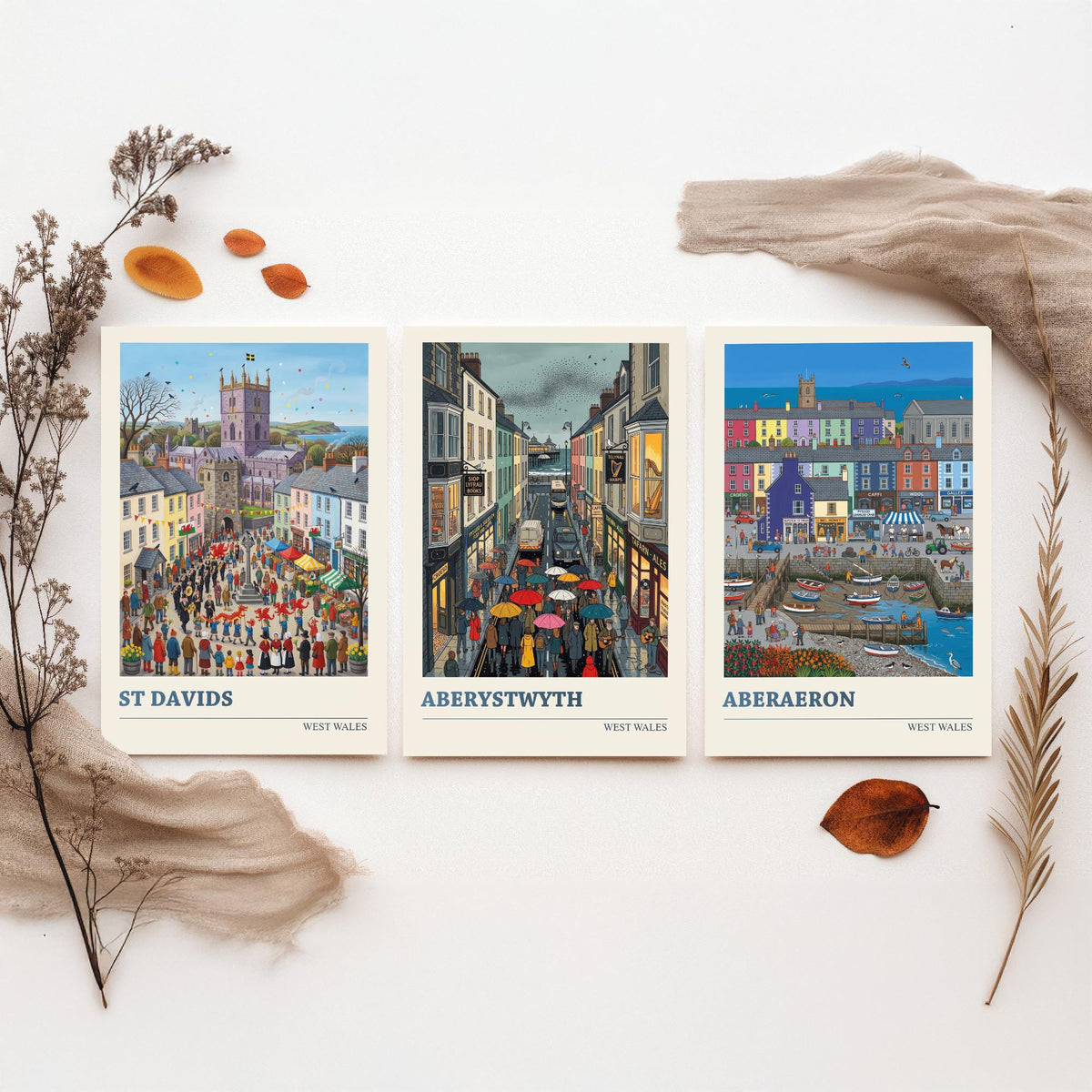 West Wales Set of Three Art Prints - St Davids, Aberystwyth, Aberaeron - 3 Colourful Folk Illustration Travel Posters - Welsh Painting
