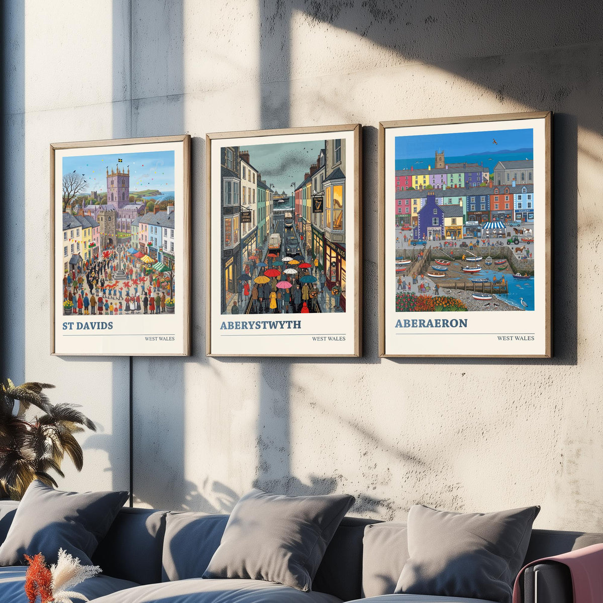 West Wales Set of Three Art Prints - St Davids, Aberystwyth, Aberaeron - 3 Colourful Folk Illustration Travel Posters - Welsh Painting