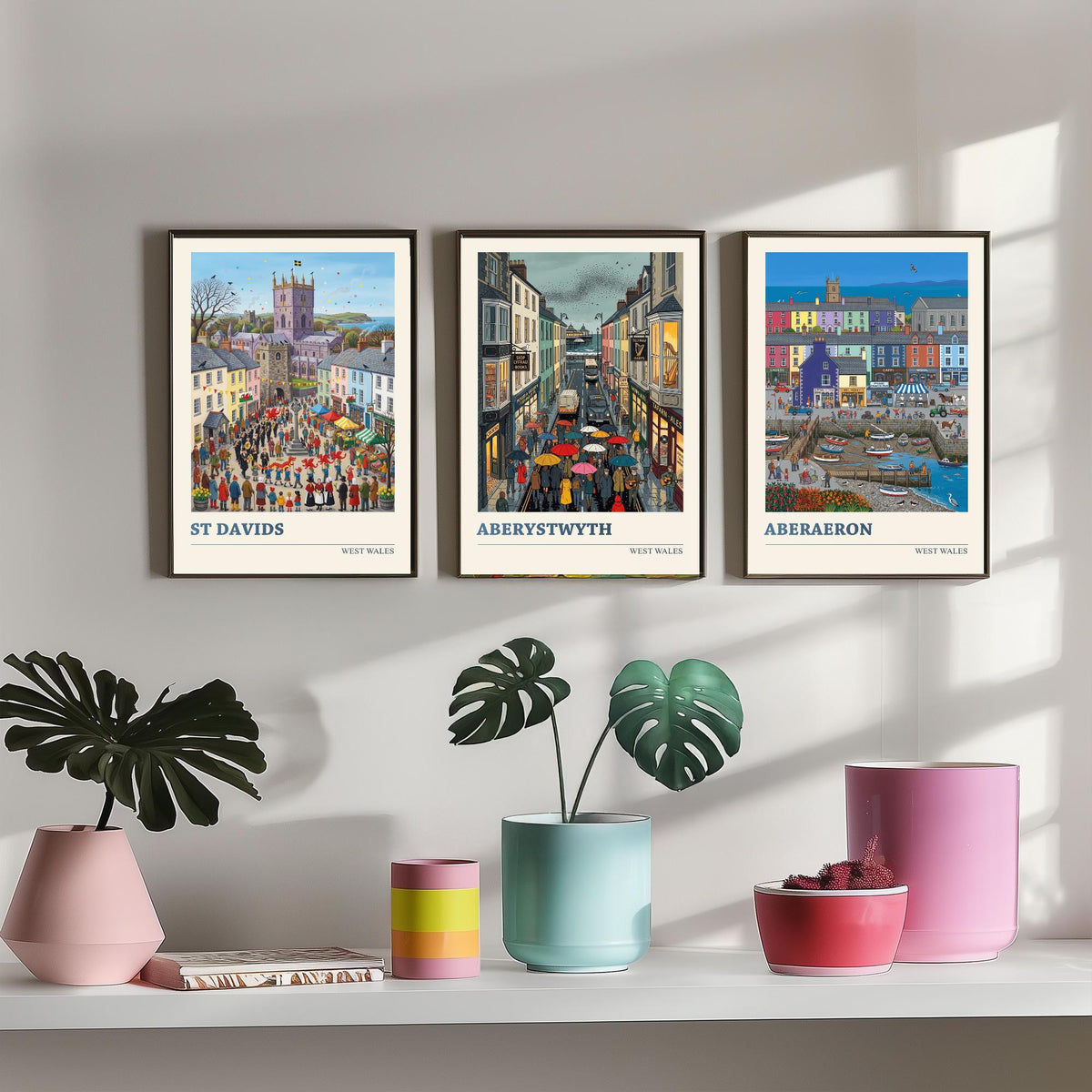 West Wales Set of Three Art Prints - St Davids, Aberystwyth, Aberaeron - 3 Colourful Folk Illustration Travel Posters - Welsh Painting