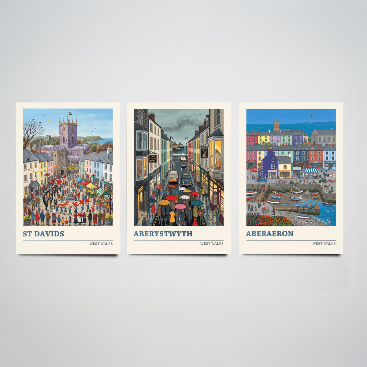 West Wales Set of Three Art Prints - St Davids, Aberystwyth, Aberaeron - 3 Colourful Folk Illustration Travel Posters - Welsh Painting