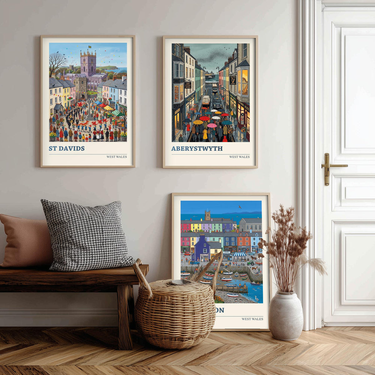 West Wales Set of Three Art Prints - St Davids, Aberystwyth, Aberaeron - 3 Colourful Folk Illustration Travel Posters - Welsh Painting