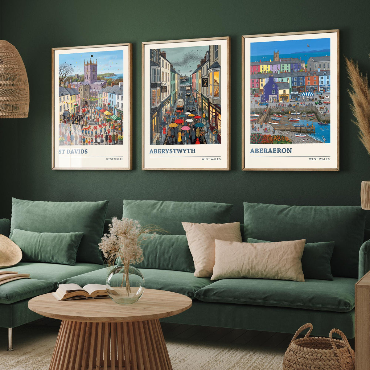 West Wales Set of Three Art Prints - St Davids, Aberystwyth, Aberaeron - 3 Colourful Folk Illustration Travel Posters - Welsh Painting