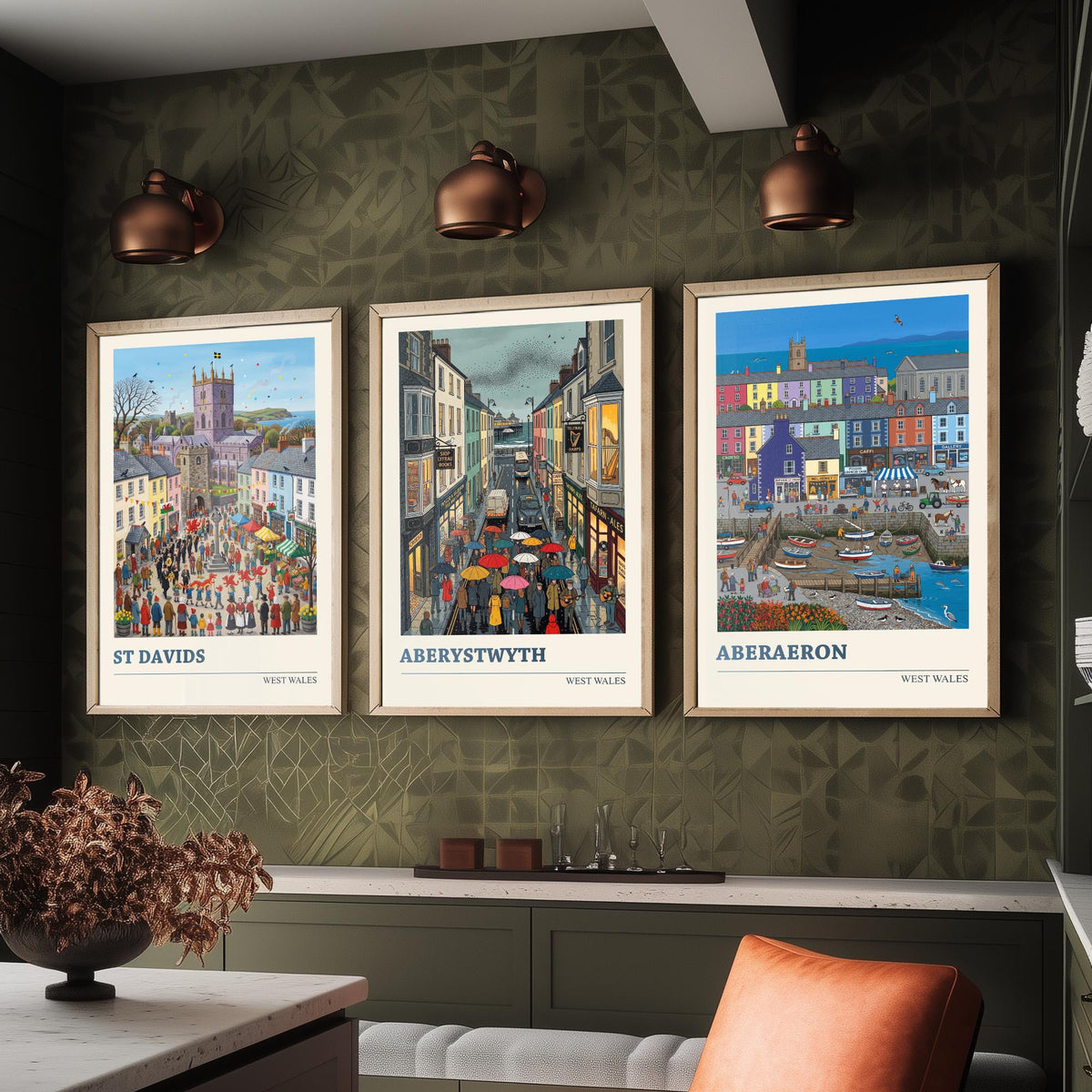 West Wales Set of Three Art Prints - St Davids, Aberystwyth, Aberaeron - 3 Colourful Folk Illustration Travel Posters - Welsh Painting