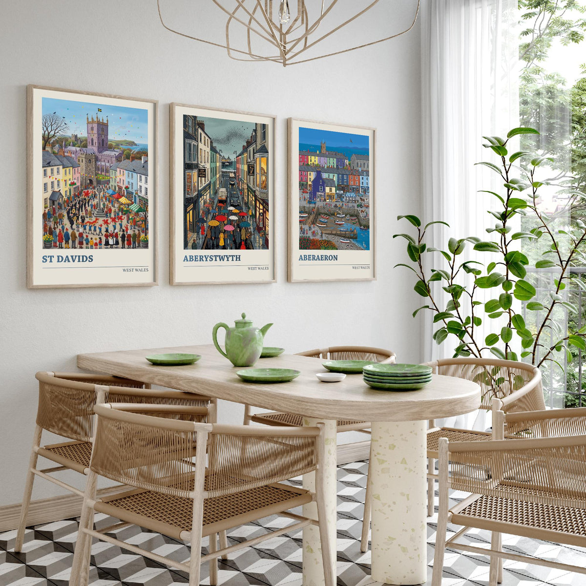 West Wales Set of Three Art Prints - St Davids, Aberystwyth, Aberaeron - 3 Colourful Folk Illustration Travel Posters - Welsh Painting