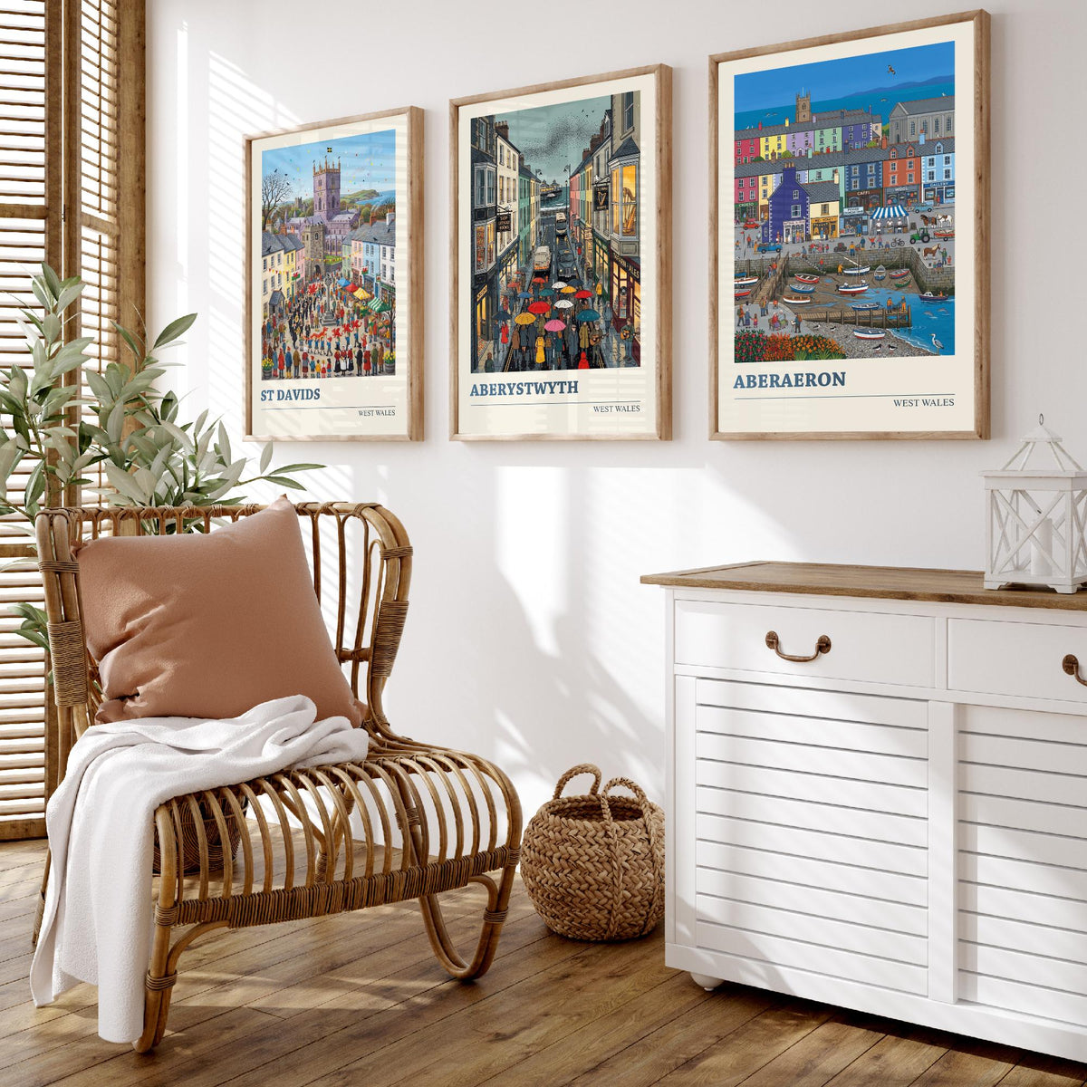 West Wales Set of Three Art Prints - St Davids, Aberystwyth, Aberaeron - 3 Colourful Folk Illustration Travel Posters - Welsh Painting