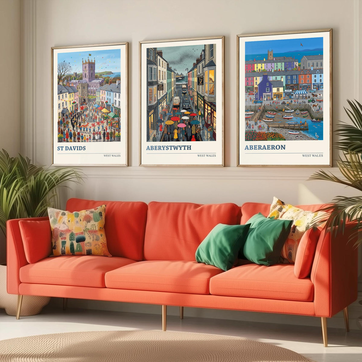 West Wales Set of Three Art Prints - St Davids, Aberystwyth, Aberaeron - 3 Colourful Folk Illustration Travel Posters - Welsh Painting