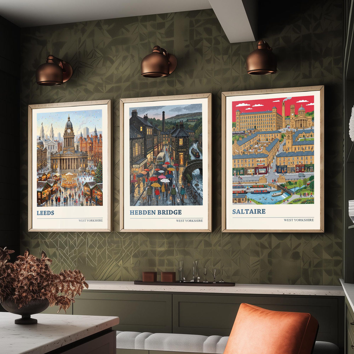 West Yorkshire Set of Three Art Prints - Leeds, Hebden Bridge, Saltaire - 3 Colourful Folk Illustration Travel Posters - Yorkshire Painting