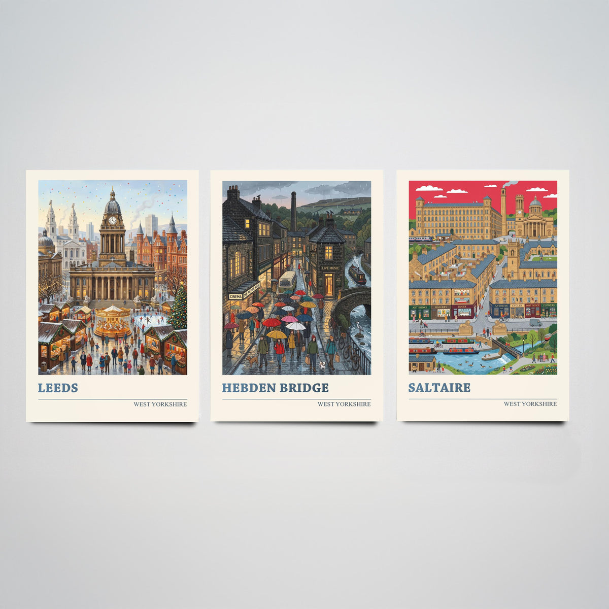 West Yorkshire Set of Three Art Prints - Leeds, Hebden Bridge, Saltaire - 3 Colourful Folk Illustration Travel Posters - Yorkshire Painting