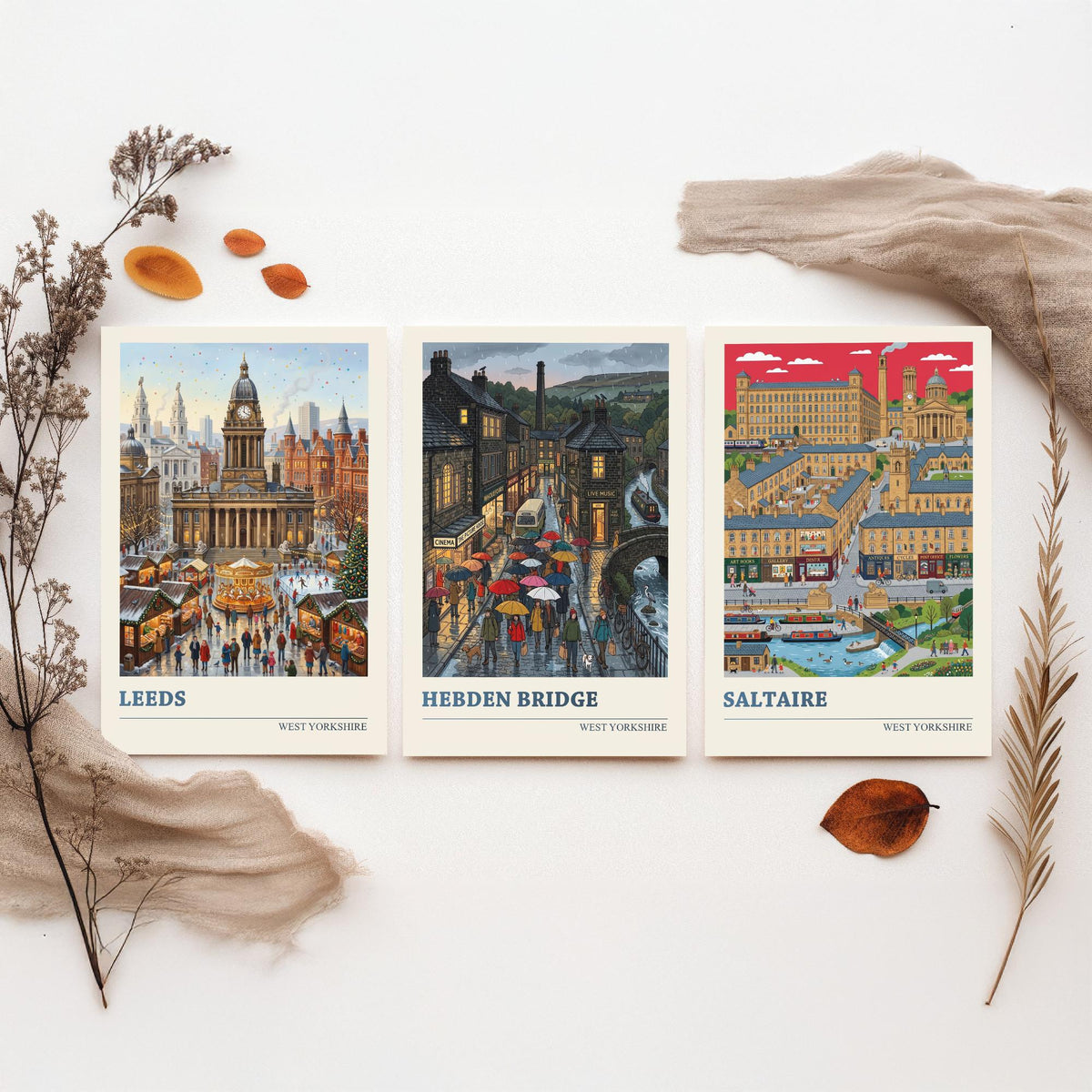 West Yorkshire Set of Three Art Prints - Leeds, Hebden Bridge, Saltaire - 3 Colourful Folk Illustration Travel Posters - Yorkshire Painting