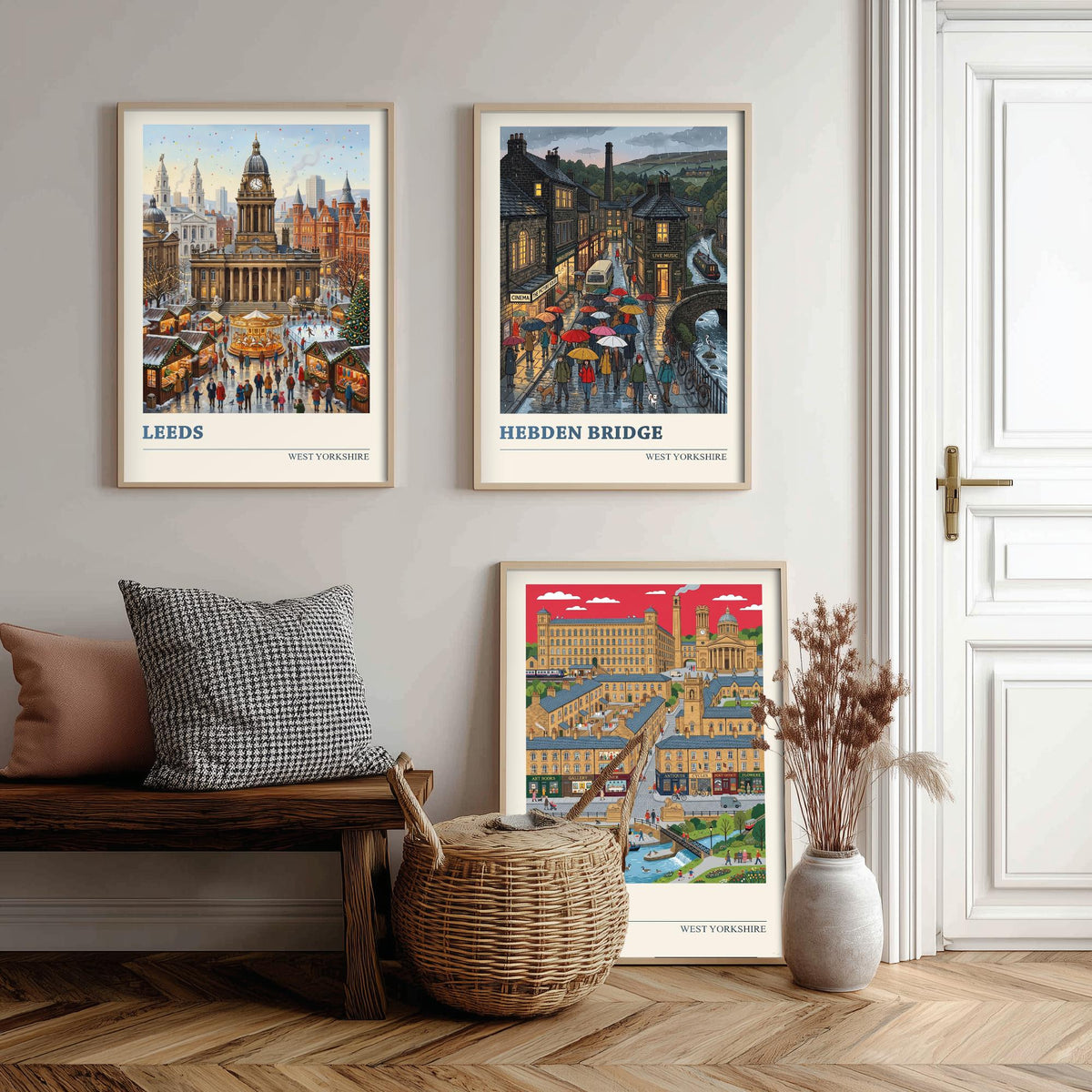 West Yorkshire Set of Three Art Prints - Leeds, Hebden Bridge, Saltaire - 3 Colourful Folk Illustration Travel Posters - Yorkshire Painting
