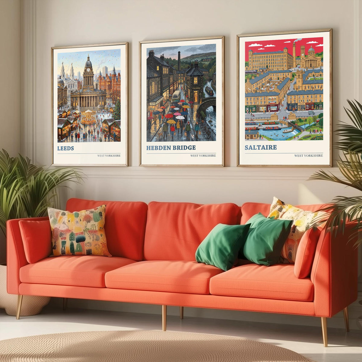 West Yorkshire Set of Three Art Prints - Leeds, Hebden Bridge, Saltaire - 3 Colourful Folk Illustration Travel Posters - Yorkshire Painting