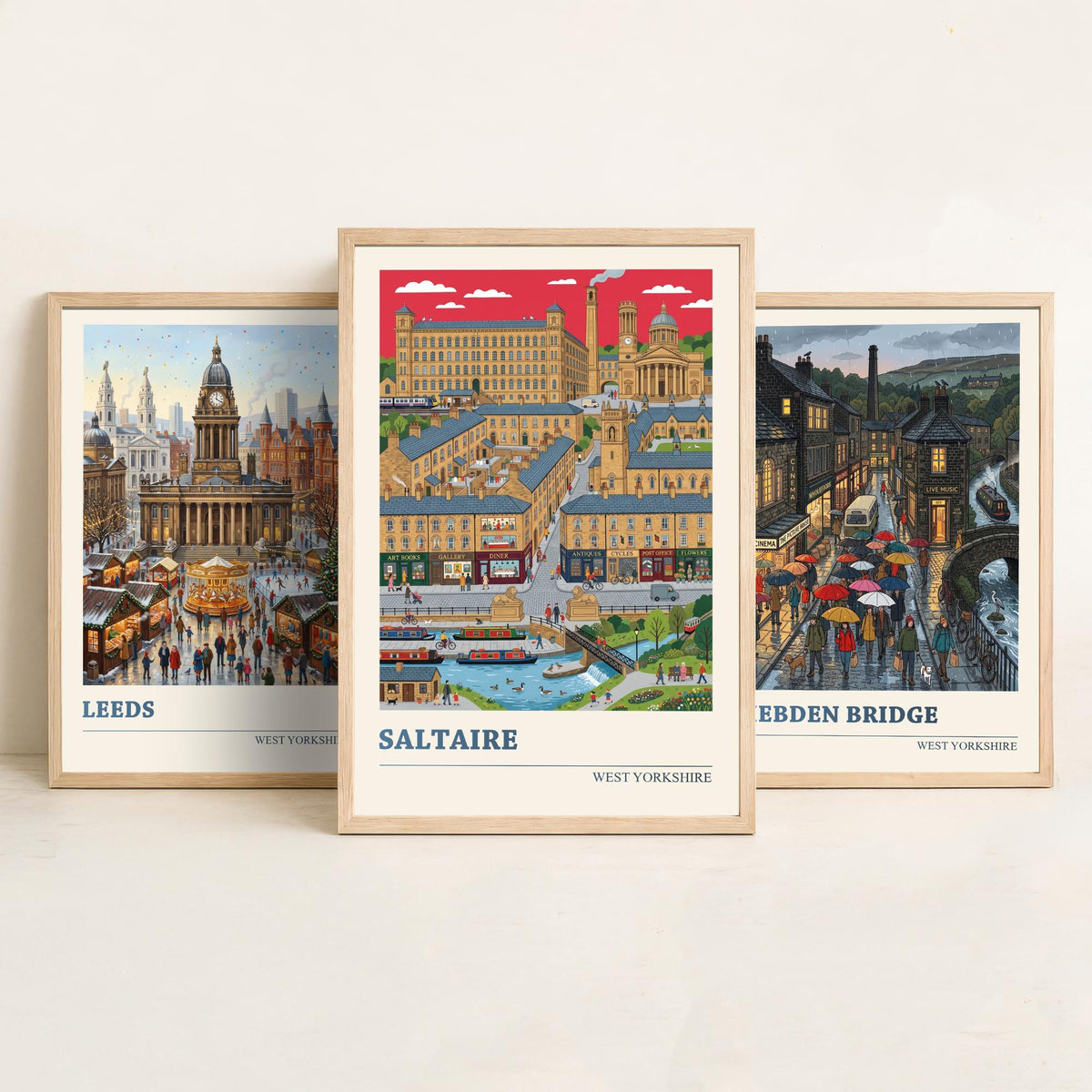 West Yorkshire Set of Three Art Prints - Leeds, Hebden Bridge, Saltaire - 3 Colourful Folk Illustration Travel Posters - Yorkshire Painting