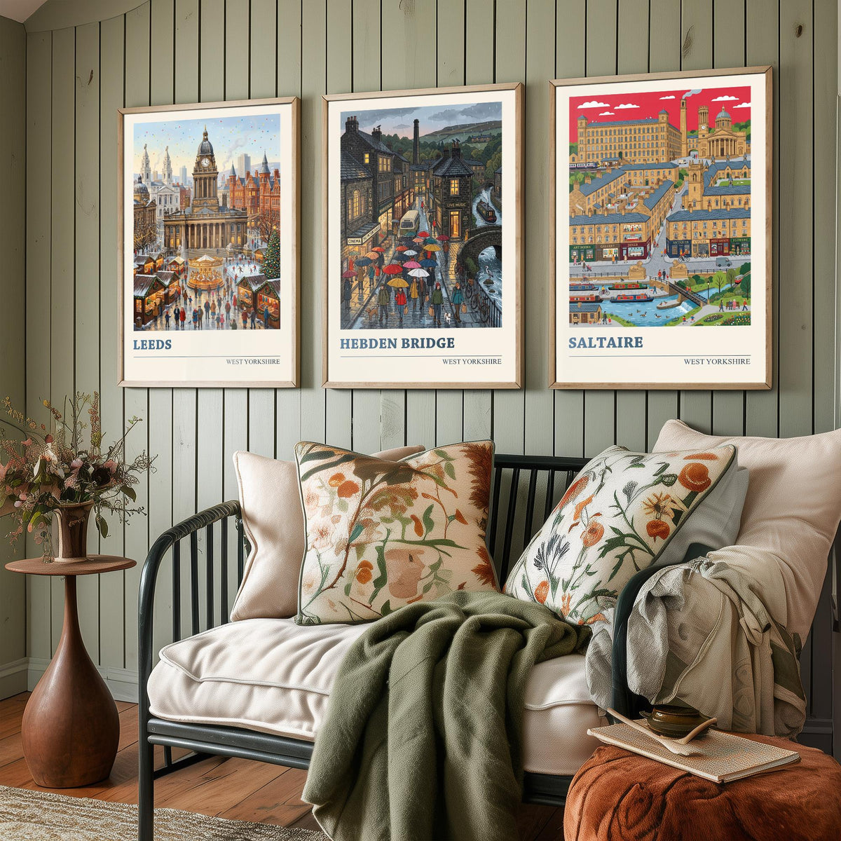 West Yorkshire Set of Three Art Prints - Leeds, Hebden Bridge, Saltaire - 3 Colourful Folk Illustration Travel Posters - Yorkshire Painting