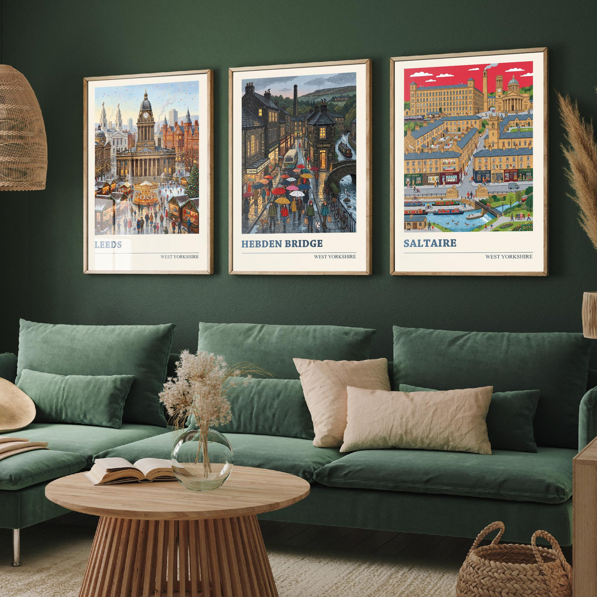 West Yorkshire Set of Three Art Prints - Leeds, Hebden Bridge, Saltaire - 3 Colourful Folk Illustration Travel Posters - Yorkshire Painting