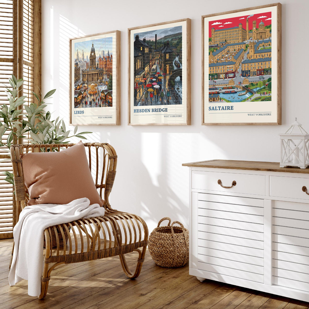 West Yorkshire Set of Three Art Prints - Leeds, Hebden Bridge, Saltaire - 3 Colourful Folk Illustration Travel Posters - Yorkshire Painting