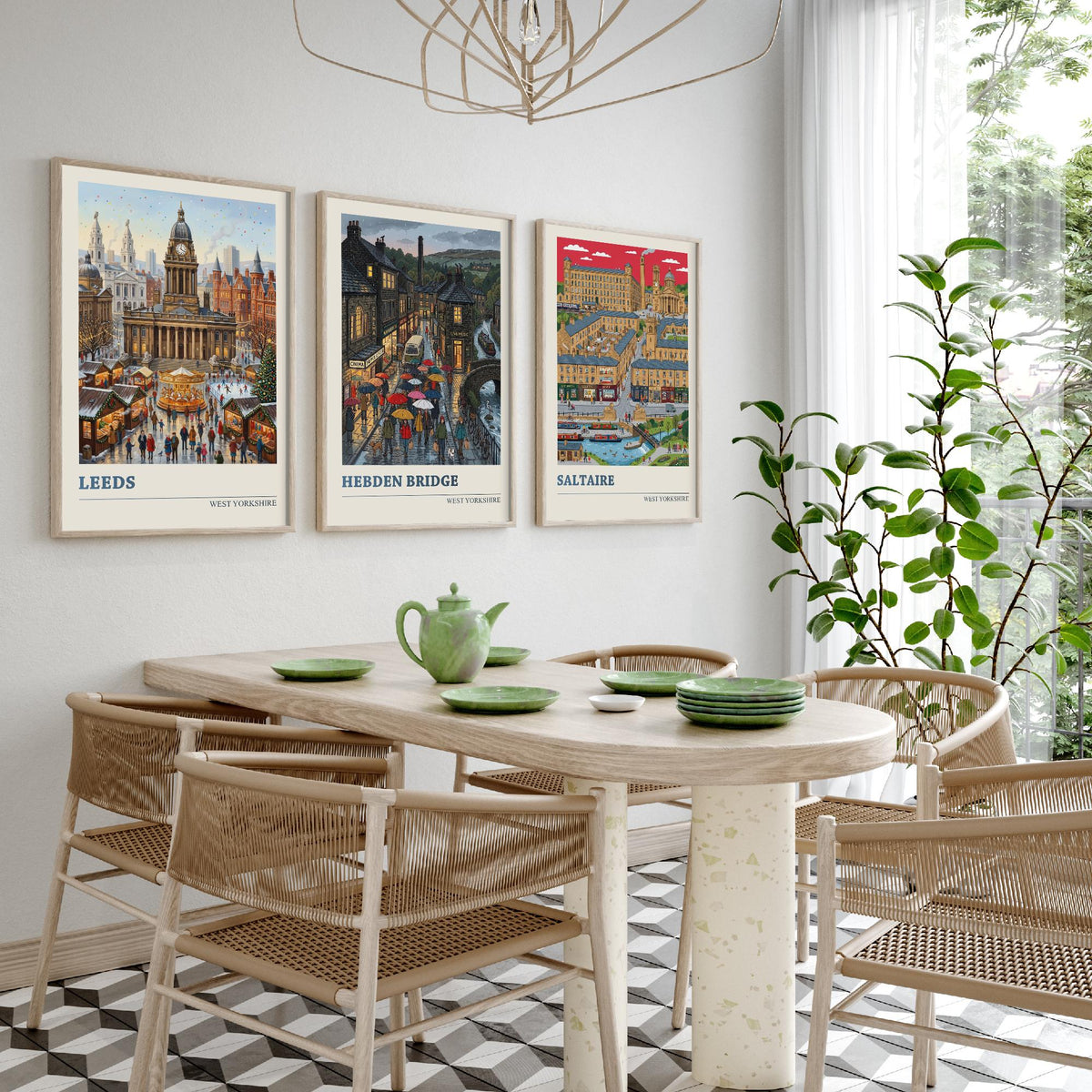 West Yorkshire Set of Three Art Prints - Leeds, Hebden Bridge, Saltaire - 3 Colourful Folk Illustration Travel Posters - Yorkshire Painting