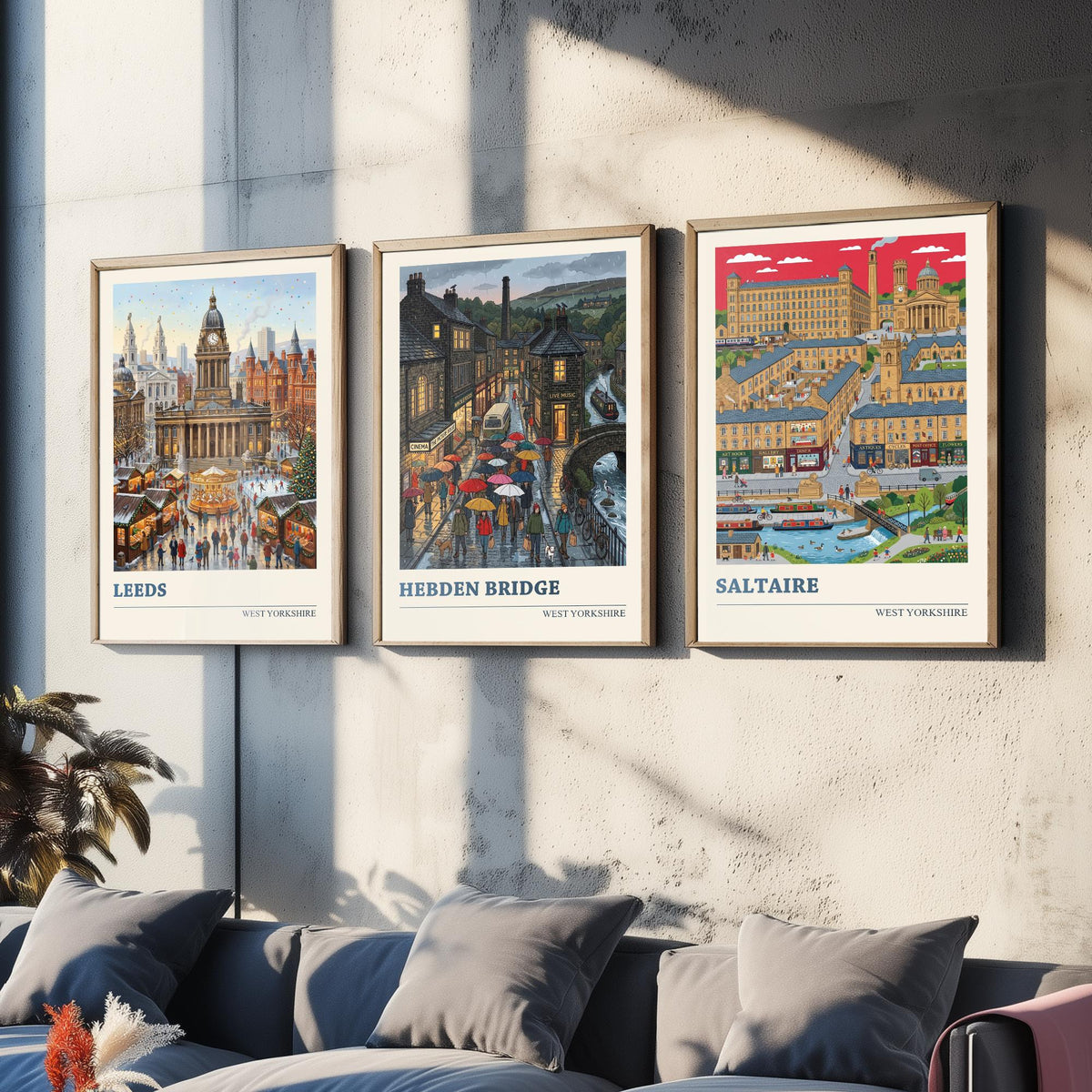 West Yorkshire Set of Three Art Prints - Leeds, Hebden Bridge, Saltaire - 3 Colourful Folk Illustration Travel Posters - Yorkshire Painting