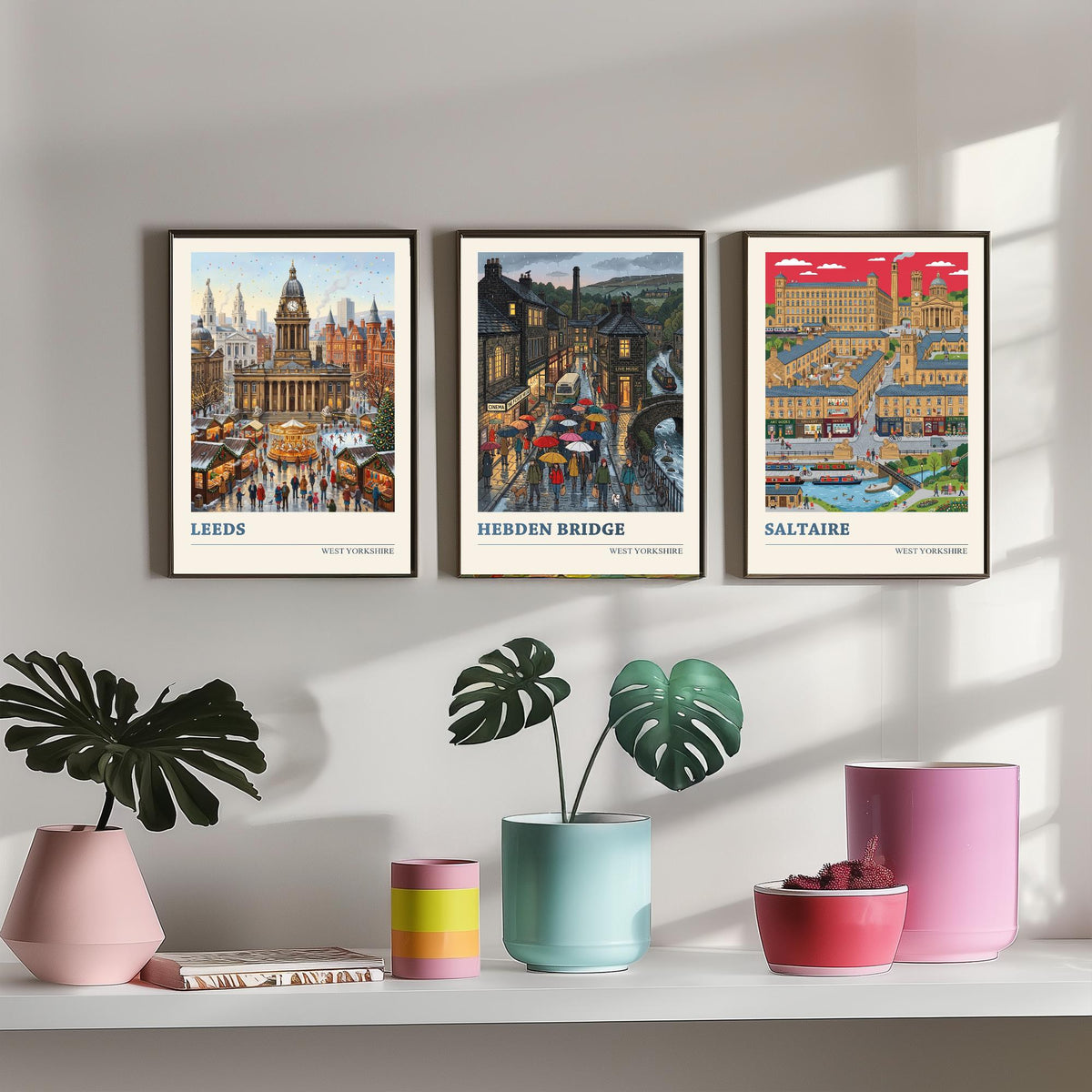 West Yorkshire Set of Three Art Prints - Leeds, Hebden Bridge, Saltaire - 3 Colourful Folk Illustration Travel Posters - Yorkshire Painting
