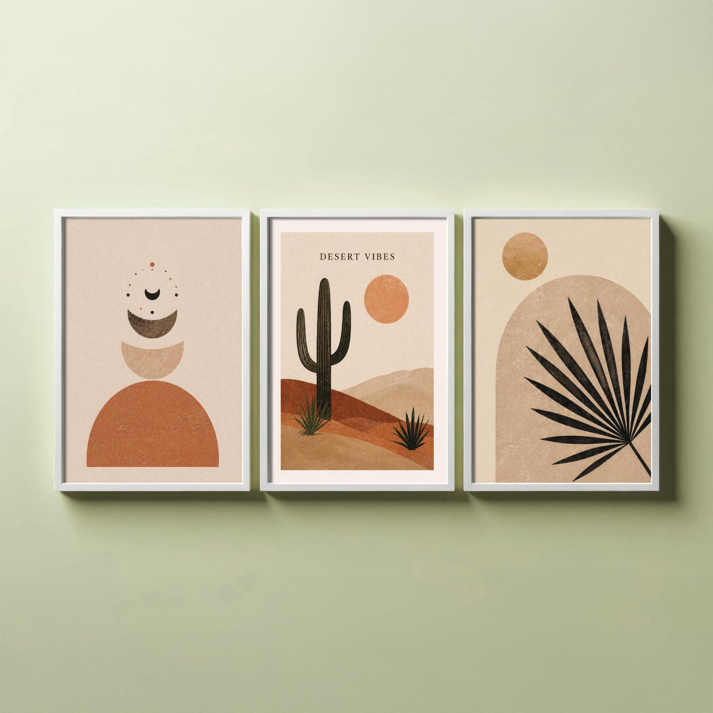 Western Desert Abstract Set of Three Art Prints - Cactus, Sun & Palm Boho Wall Art - Terracotta Poster Painting Decor V1
