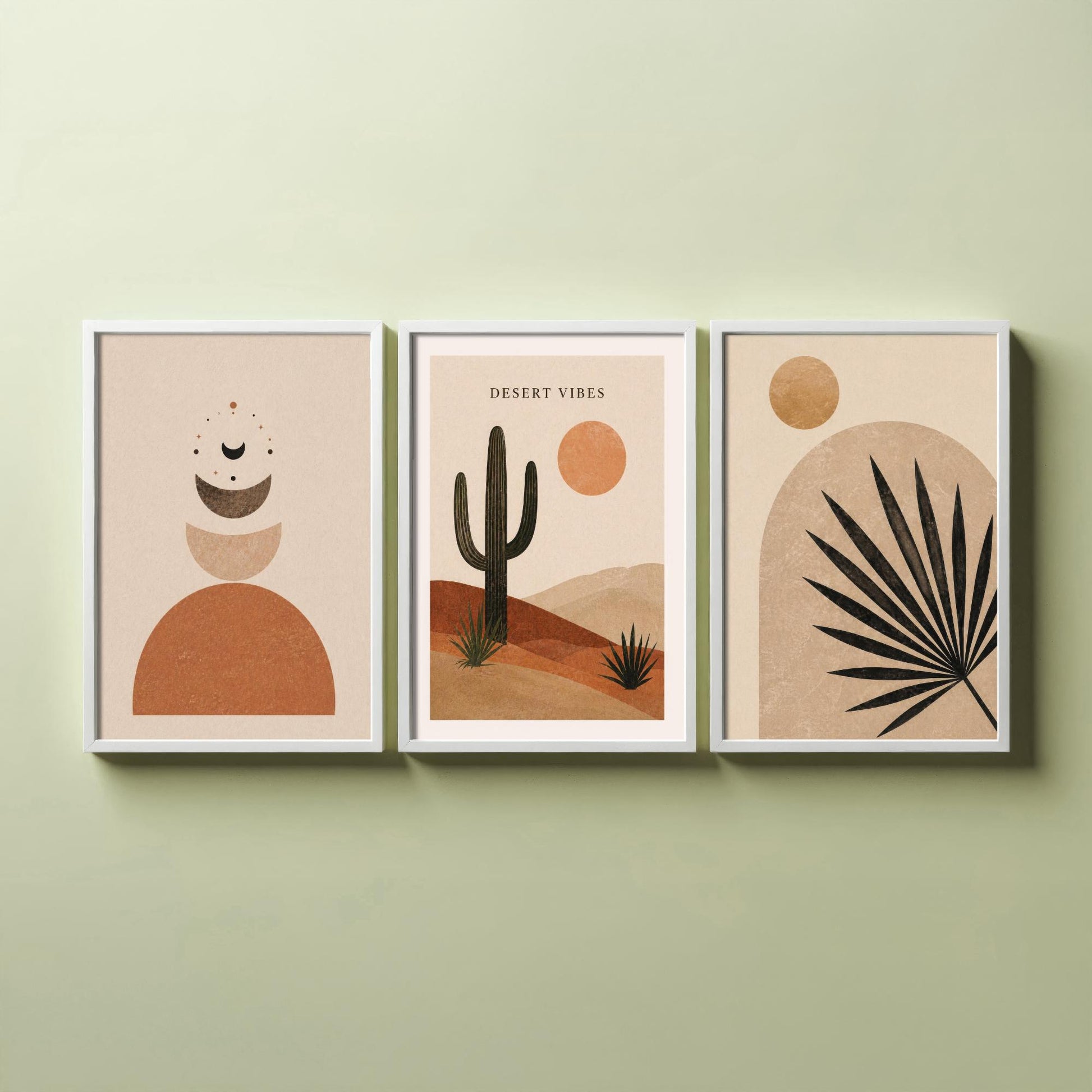 Western Desert Abstract Set of Three Art Prints - Cactus, Sun & Palm Boho Wall Art - Terracotta Poster Painting Decor V1