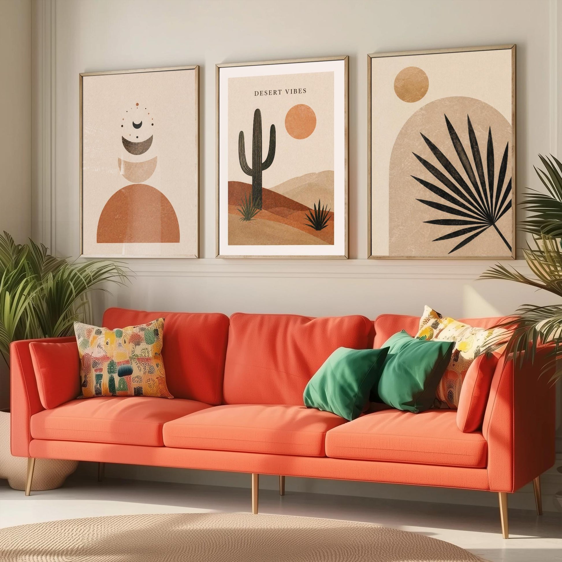 Western Desert Abstract Set of Three Art Prints - Cactus, Sun & Palm Boho Wall Art - Terracotta Poster Painting Decor V1