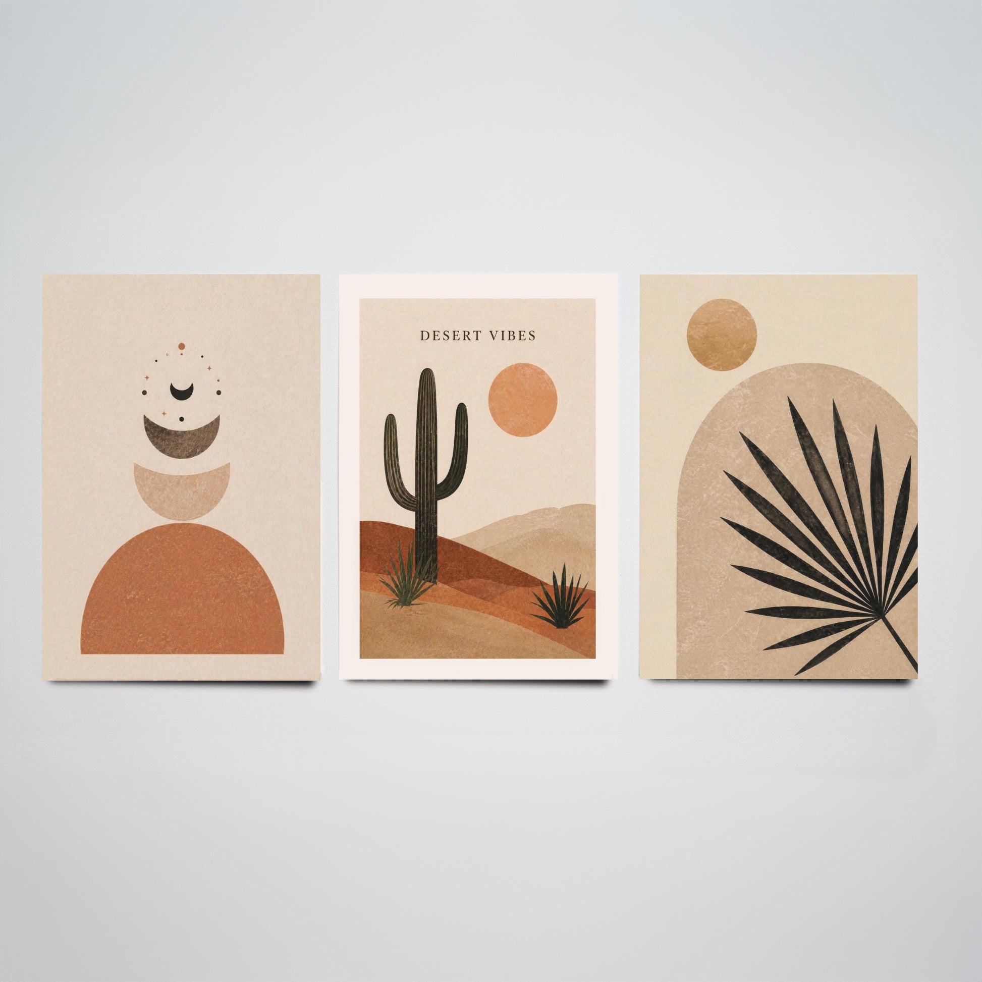 Western Desert Abstract Set of Three Art Prints - Cactus, Sun & Palm Boho Wall Art - Terracotta Poster Painting Decor V1