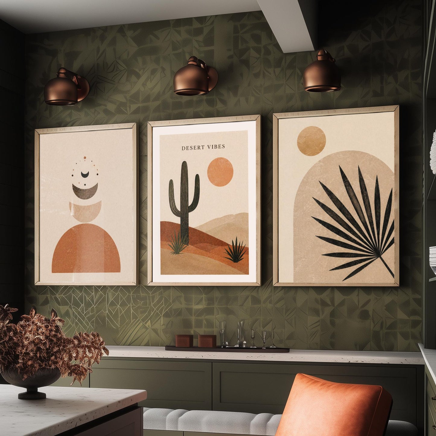 Western Desert Abstract Set of Three Art Prints - Cactus, Sun & Palm Boho Wall Art - Terracotta Poster Painting Decor V1