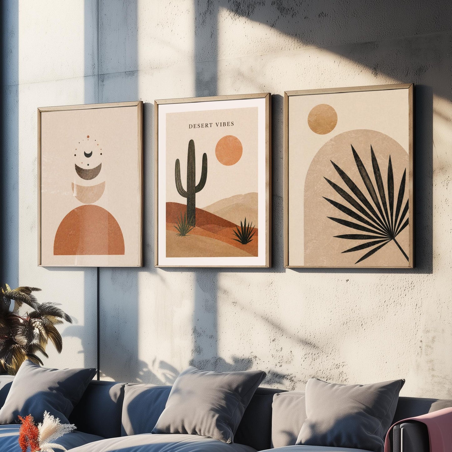 Western Desert Abstract Set of Three Art Prints - Cactus, Sun & Palm Boho Wall Art - Terracotta Poster Painting Decor V1