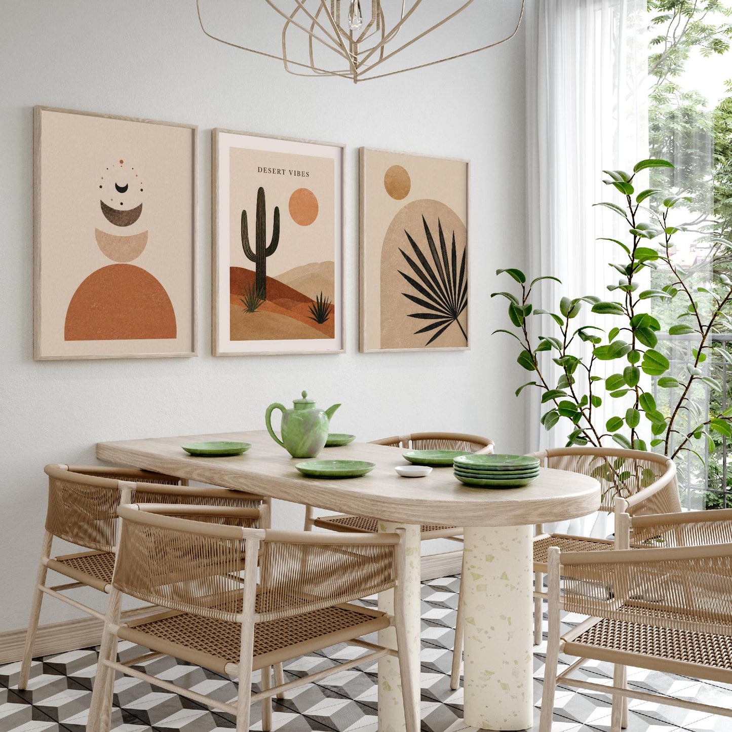 Western Desert Abstract Set of Three Art Prints - Cactus, Sun & Palm Boho Wall Art - Terracotta Poster Painting Decor V1