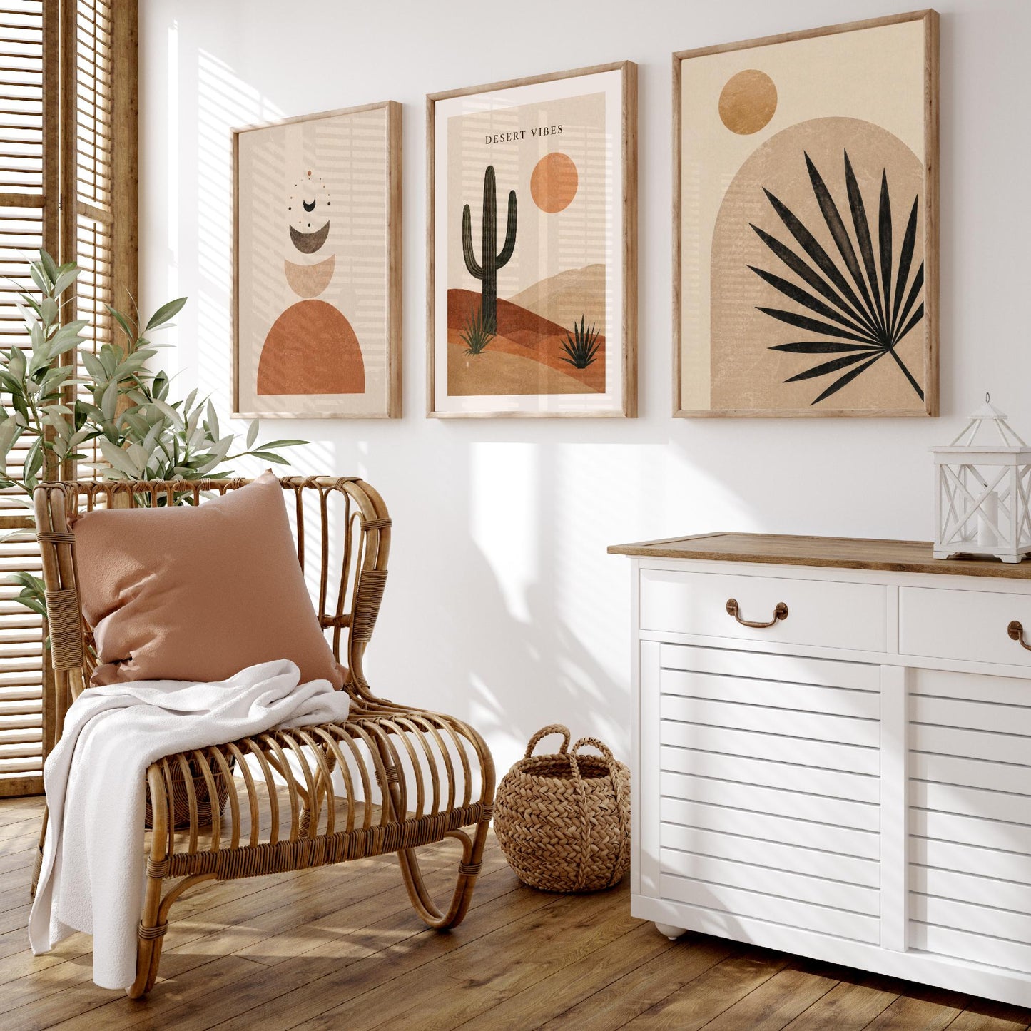 Western Desert Abstract Set of Three Art Prints - Cactus, Sun & Palm Boho Wall Art - Terracotta Poster Painting Decor V1