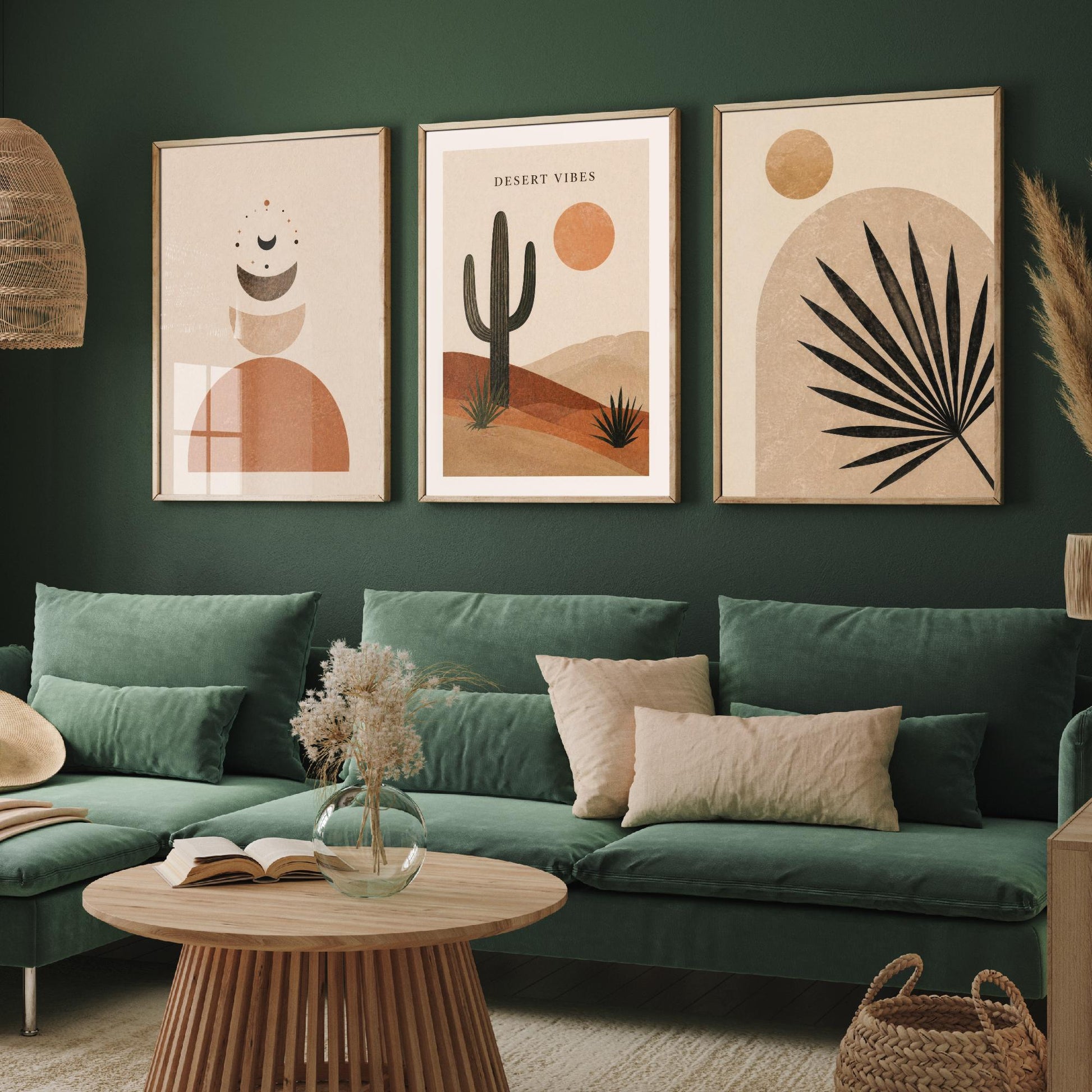 Western Desert Abstract Set of Three Art Prints - Cactus, Sun & Palm Boho Wall Art - Terracotta Poster Painting Decor V1
