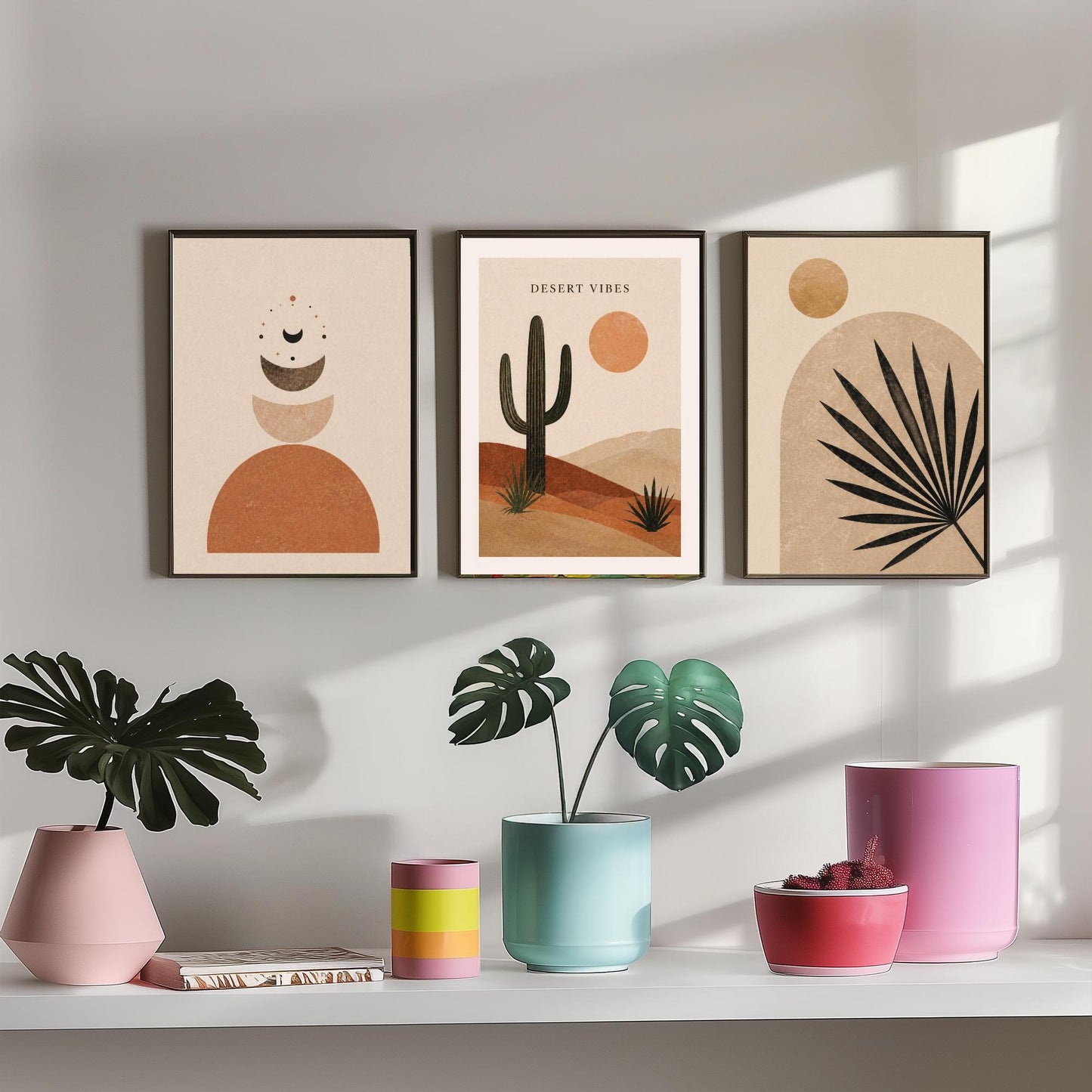 Western Desert Abstract Set of Three Art Prints - Cactus, Sun & Palm Boho Wall Art - Terracotta Poster Painting Decor V1