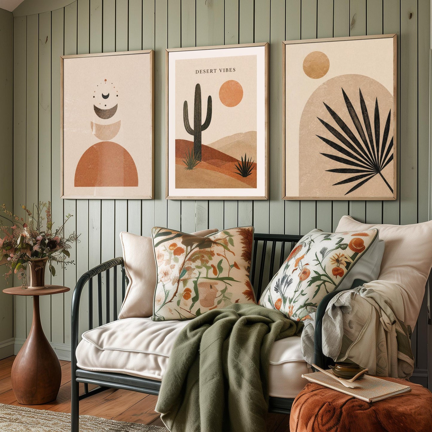 Western Desert Abstract Set of Three Art Prints - Cactus, Sun & Palm Boho Wall Art - Terracotta Poster Painting Decor V1