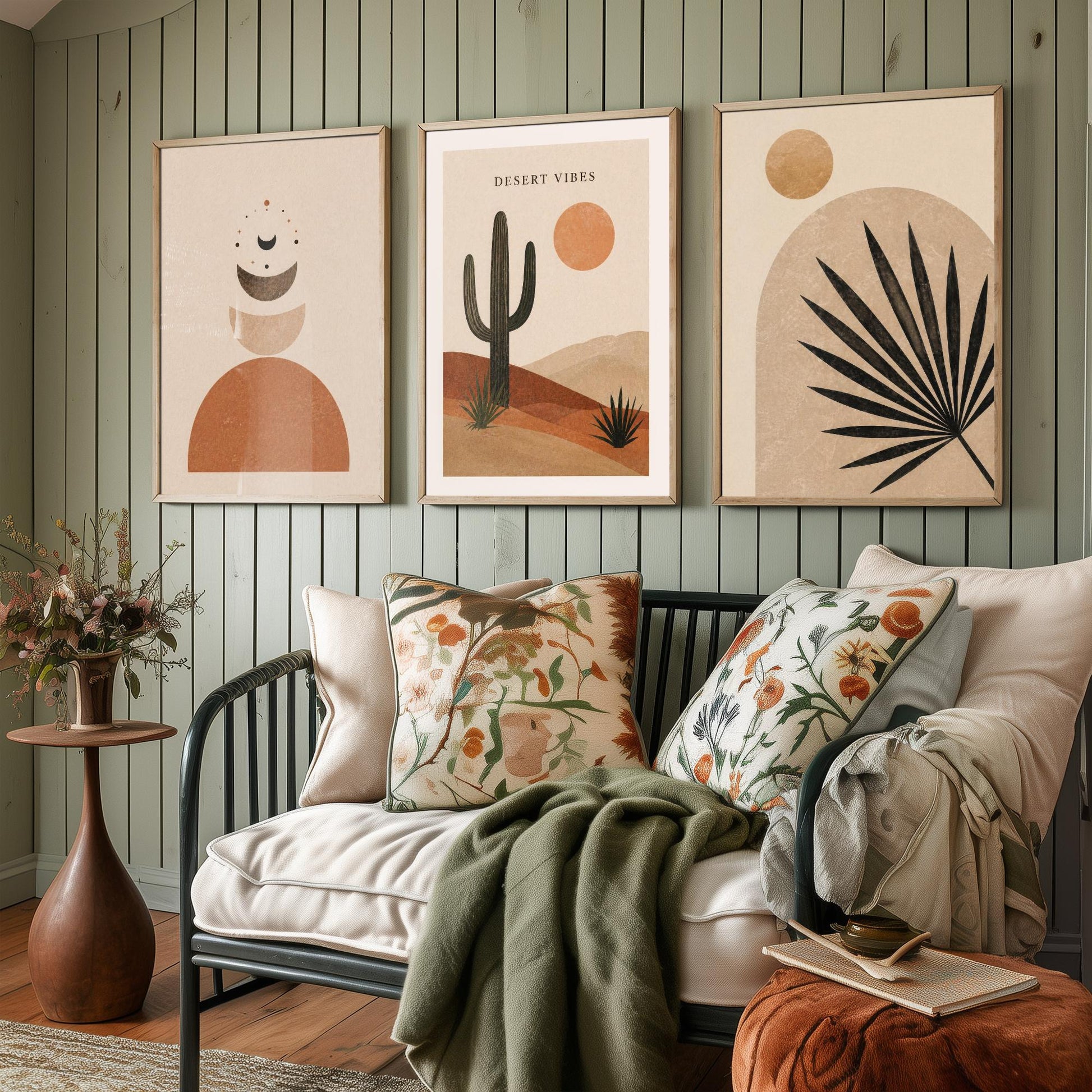 Western Desert Abstract Set of Three Art Prints - Cactus, Sun & Palm Boho Wall Art - Terracotta Poster Painting Decor V1