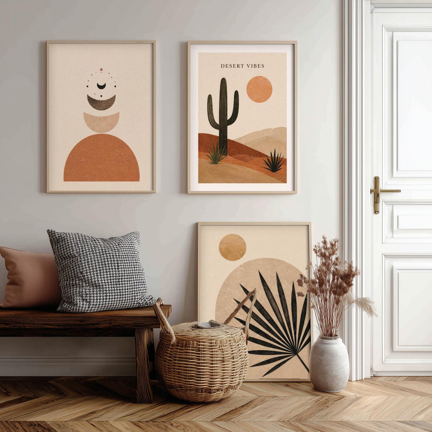 Western Desert Abstract Set of Three Art Prints - Cactus, Sun & Palm Boho Wall Art - Terracotta Poster Painting Decor V1