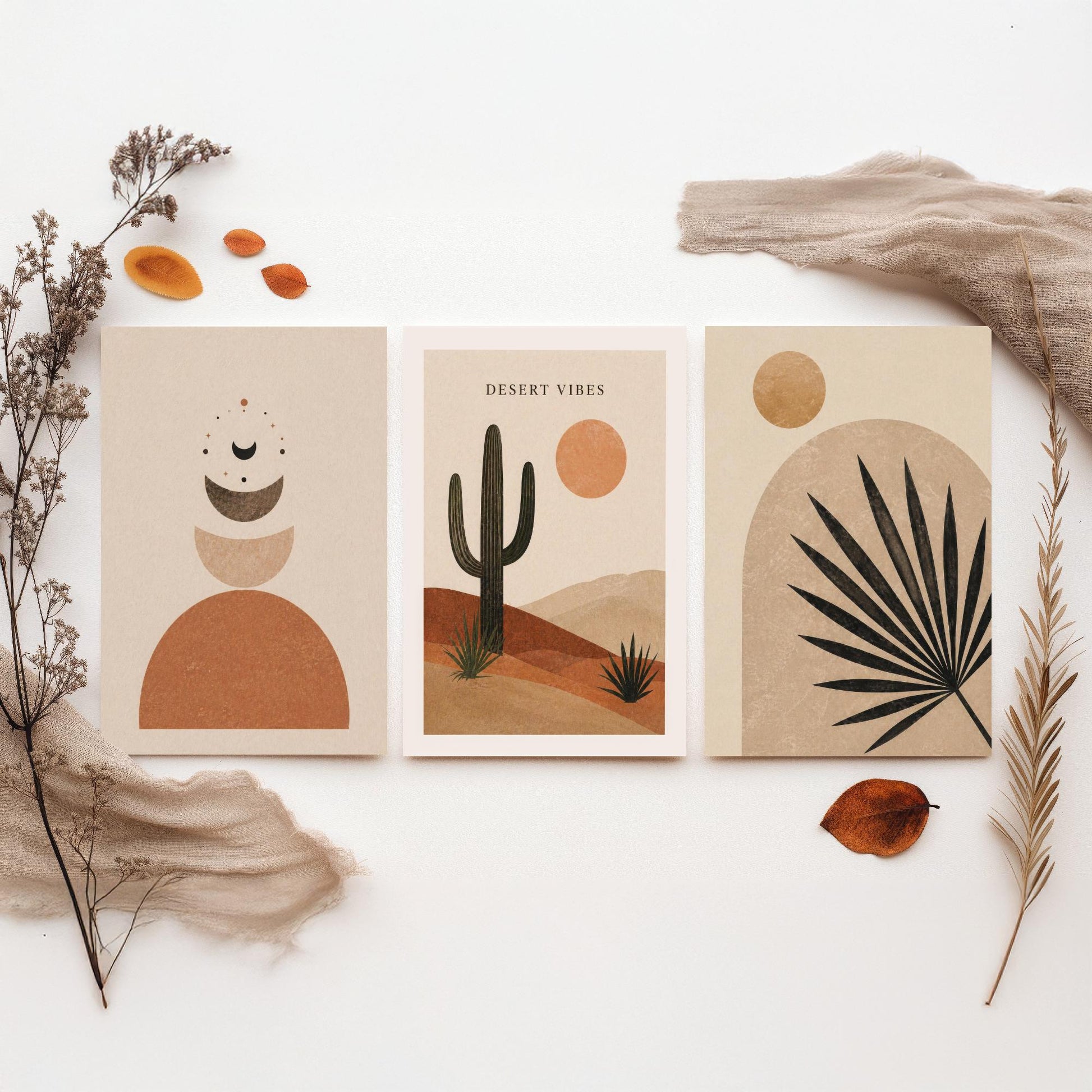 Western Desert Abstract Set of Three Art Prints - Cactus, Sun & Palm Boho Wall Art - Terracotta Poster Painting Decor V1