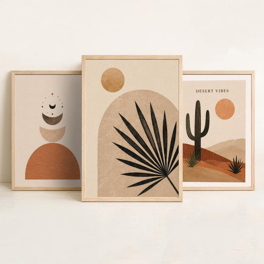 Western Desert Abstract Set of Three Art Prints - Cactus, Sun & Palm Boho Wall Art - Terracotta Poster Painting Decor V1