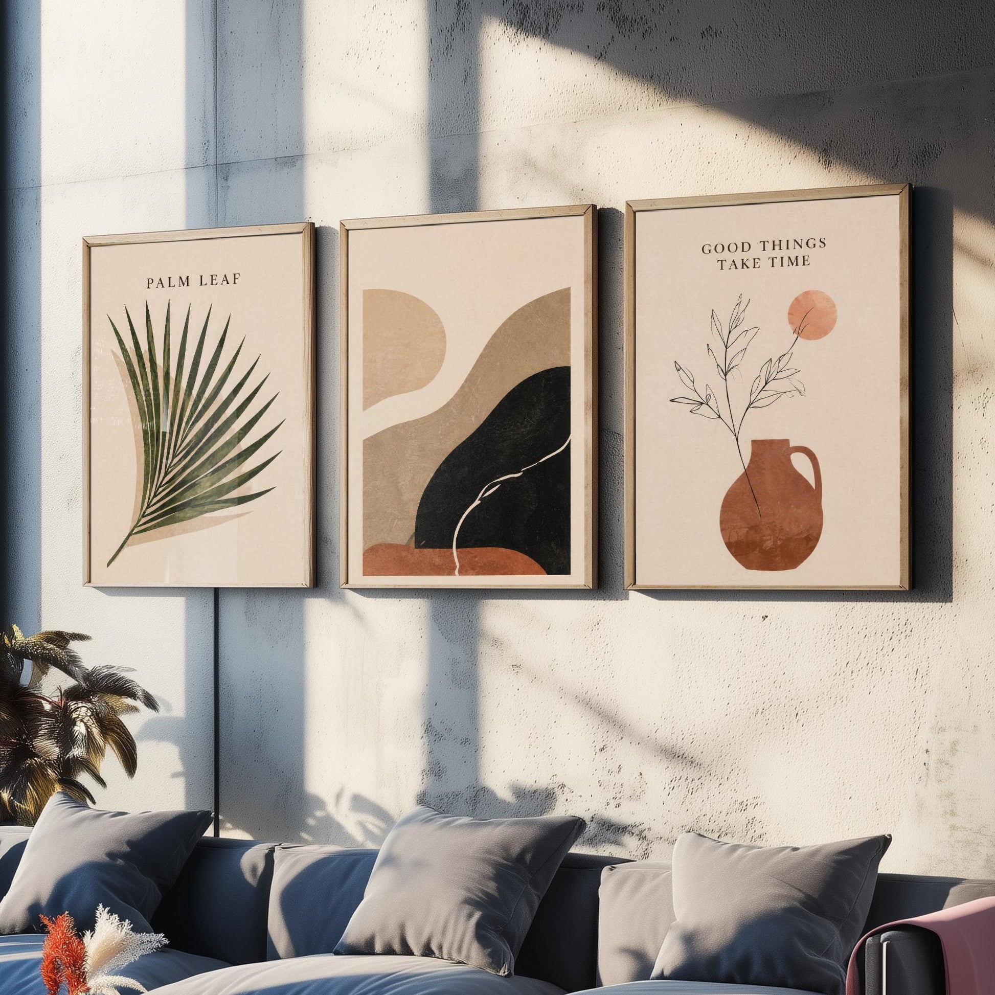 Set of Three Boho Desert Abstract Art Prints - Palm Leaf & Terracotta - Southwestern Wall Art Poster Painting Decor V2