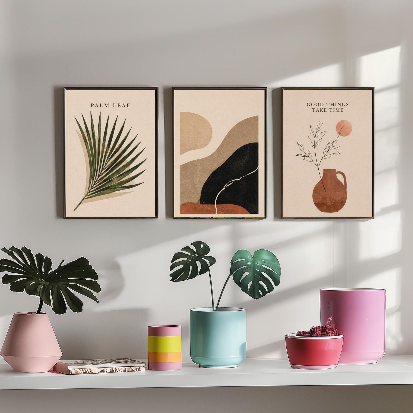 Set of Three Boho Desert Abstract Art Prints - Palm Leaf & Terracotta - Southwestern Wall Art Poster Painting Decor V2