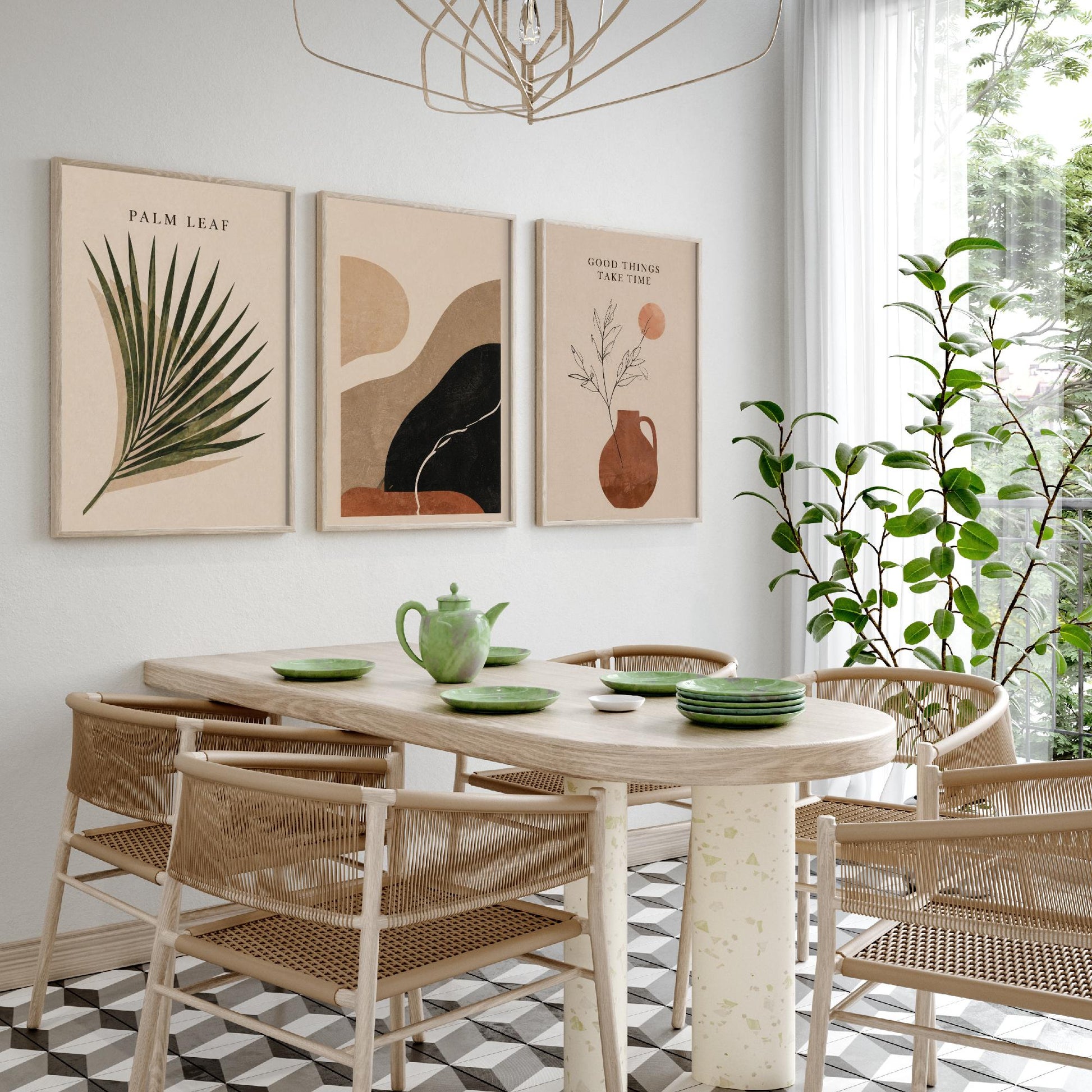 Set of Three Boho Desert Abstract Art Prints - Palm Leaf & Terracotta - Southwestern Wall Art Poster Painting Decor V2