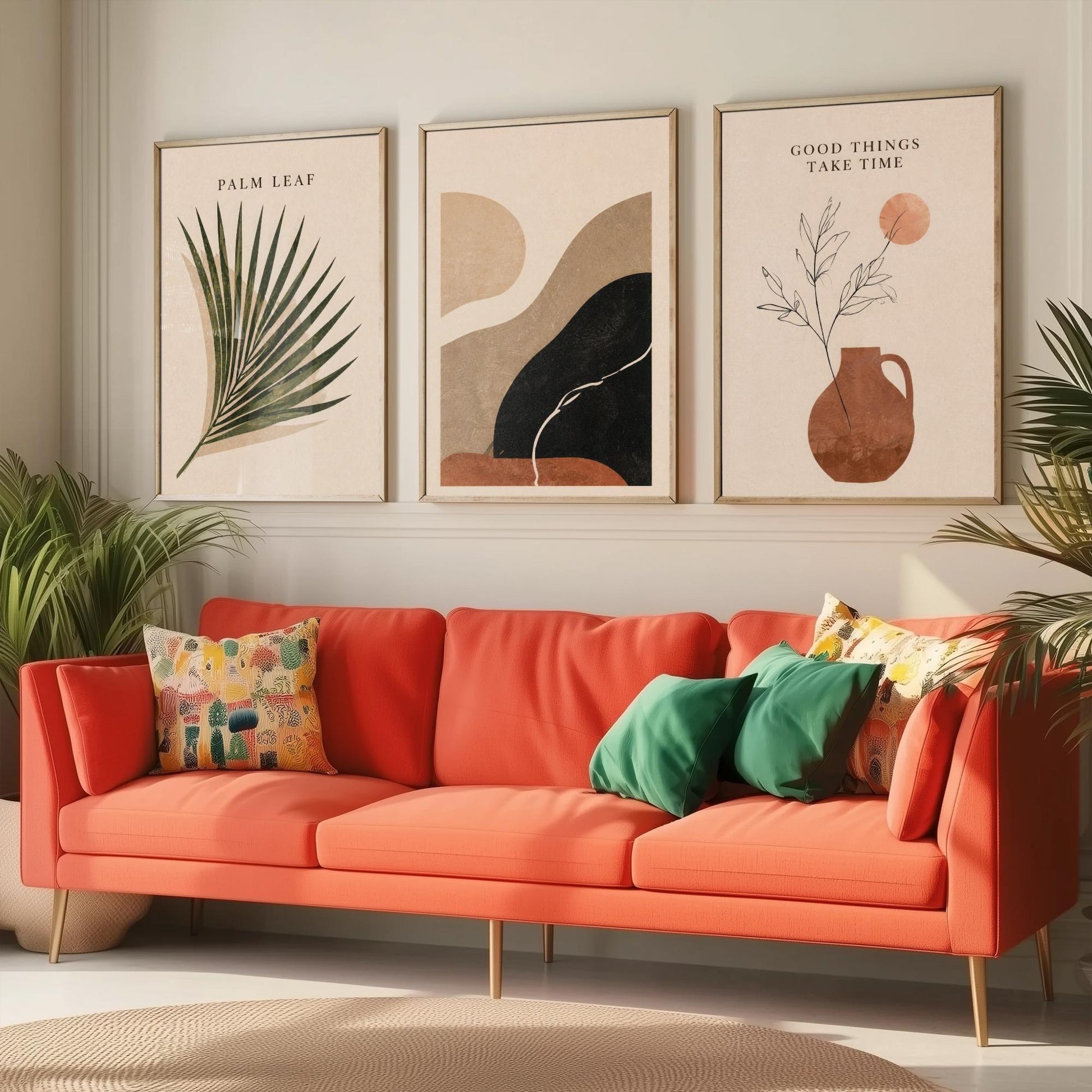Set of Three Boho Desert Abstract Art Prints - Palm Leaf & Terracotta - Southwestern Wall Art Poster Painting Decor V2