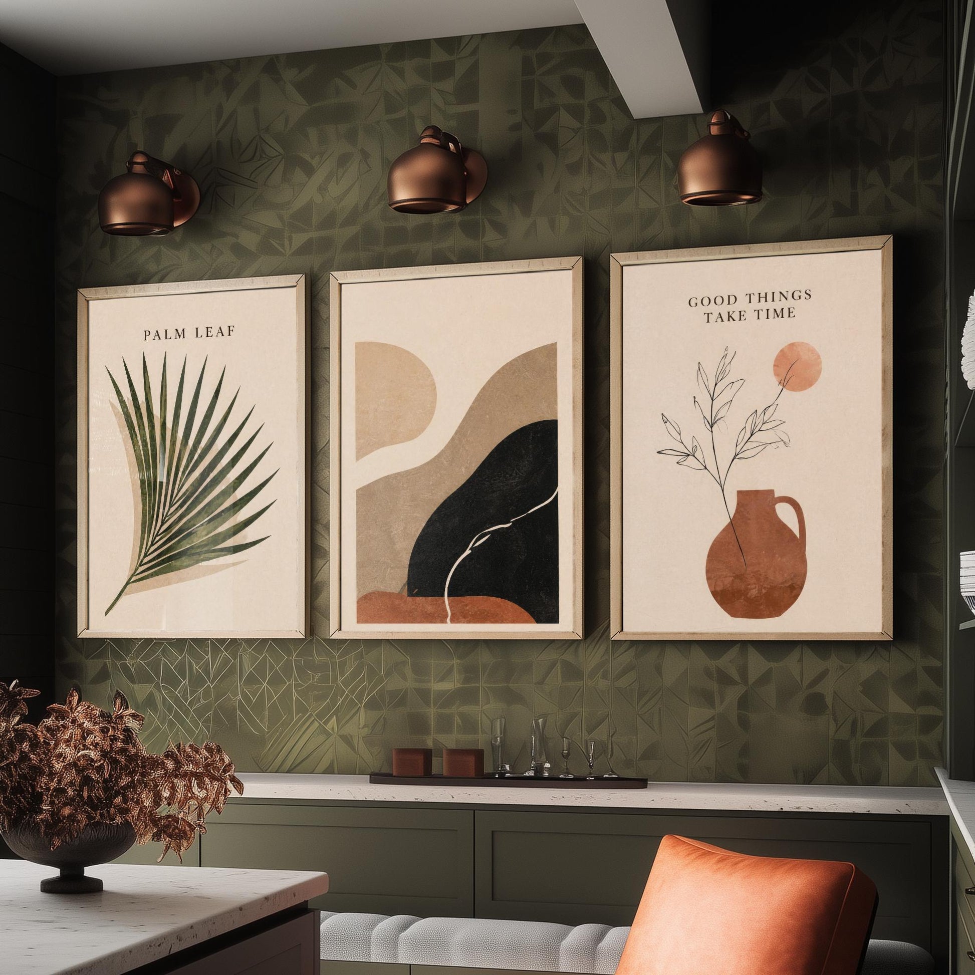 Set of Three Boho Desert Abstract Art Prints - Palm Leaf & Terracotta - Southwestern Wall Art Poster Painting Decor V2