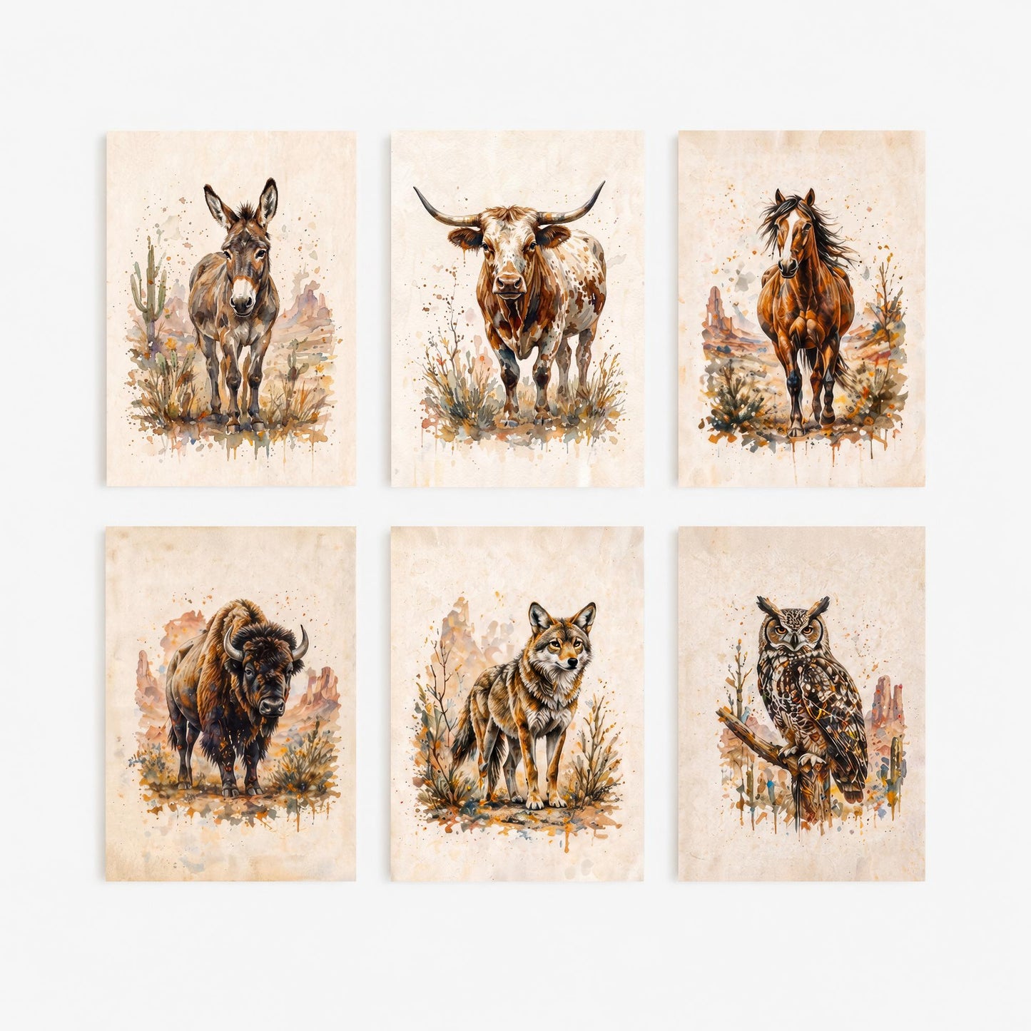 Set of Six Western Wildlife Watercolour Art Prints - 6 Desert Animal Posters - Burro, Longhorn, Mustang, Bison, Coyote, Great Horned Owl