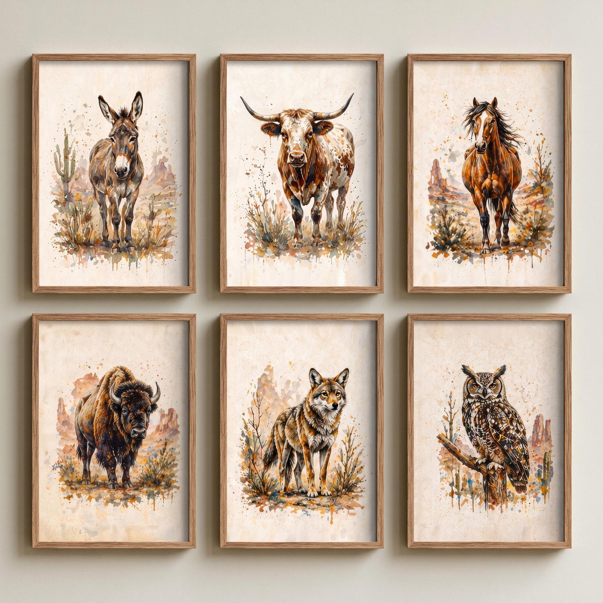 Set of Six Western Wildlife Watercolour Art Prints - 6 Desert Animal Posters - Burro, Longhorn, Mustang, Bison, Coyote, Great Horned Owl